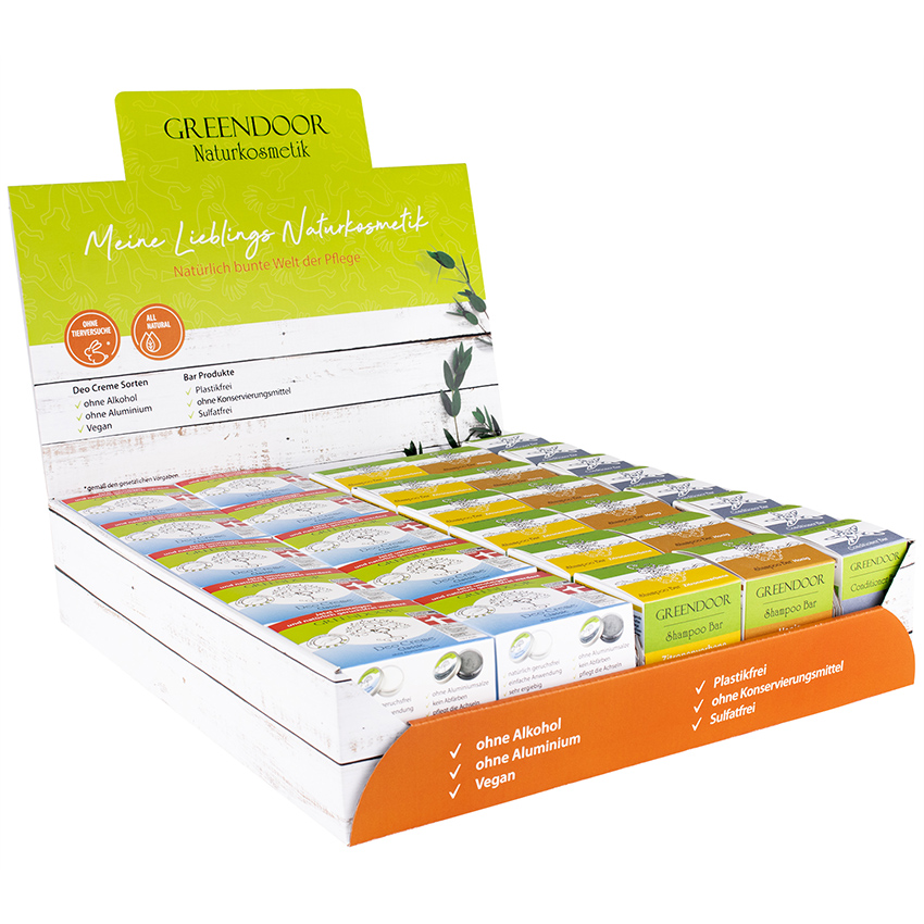 Tray-links Thekendisplay GL, sortiert, Deo Creme Classic, Shampoo Bars, Conditioner