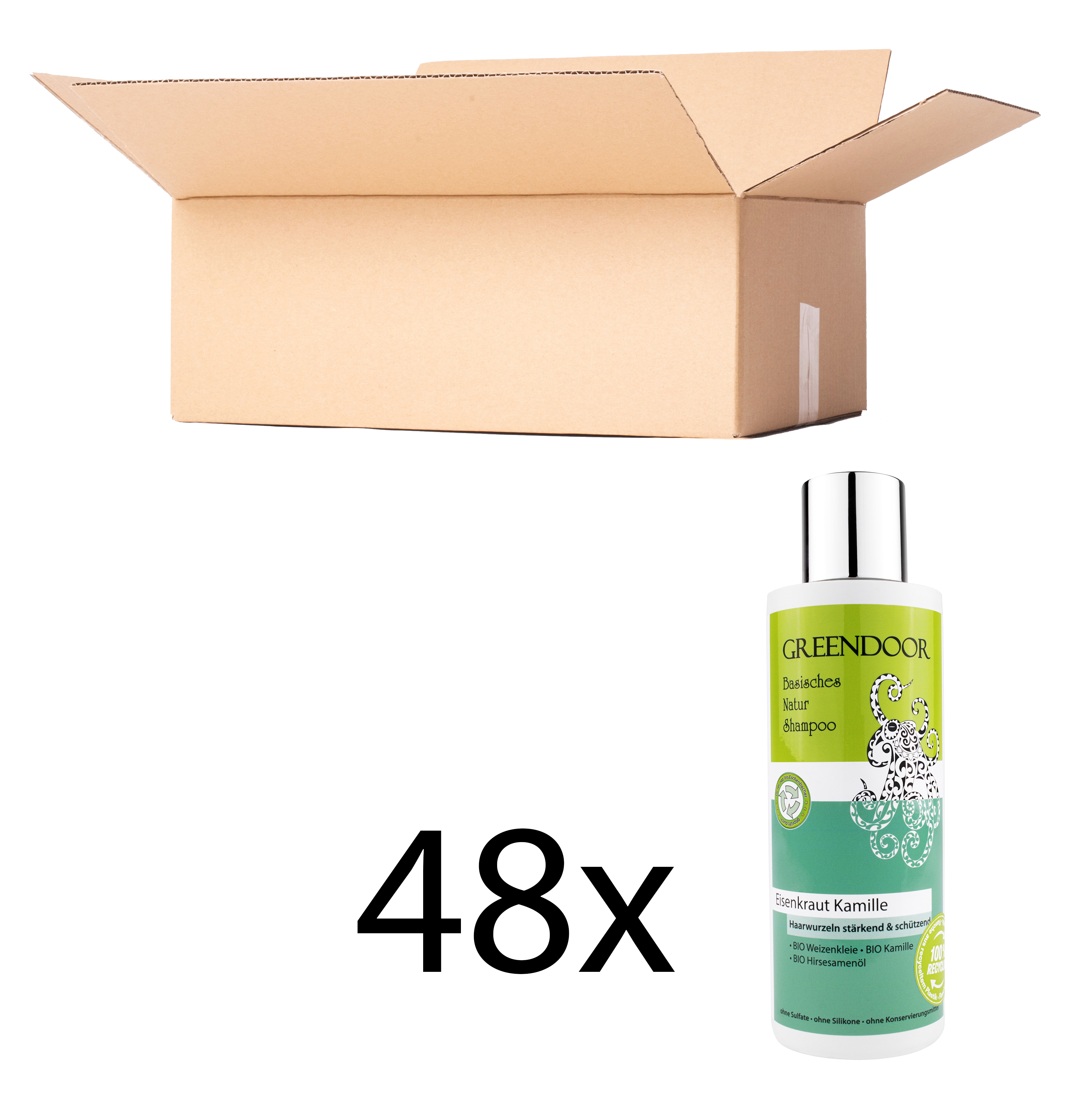 Karton-250ml-Shampoo-48-x-Eisenkraut-Kamille Basisches Natur Shampoo Eisenkraut Kamille vegan, natürlich, outdoor geeignet, mit Bio Ölen 48x200ml