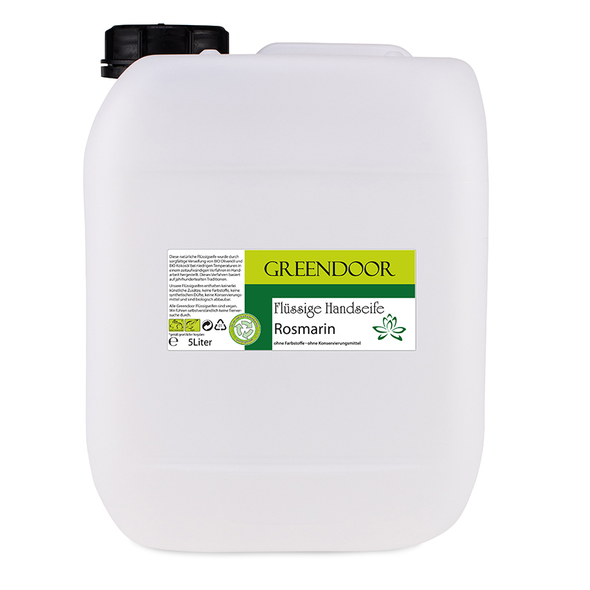 Kanister-5l-Fluessigseife-Rosmarin Echte Flüssige Handseife Rosmarin 5L, Flüssigseife vegan, natürlich basische Seife