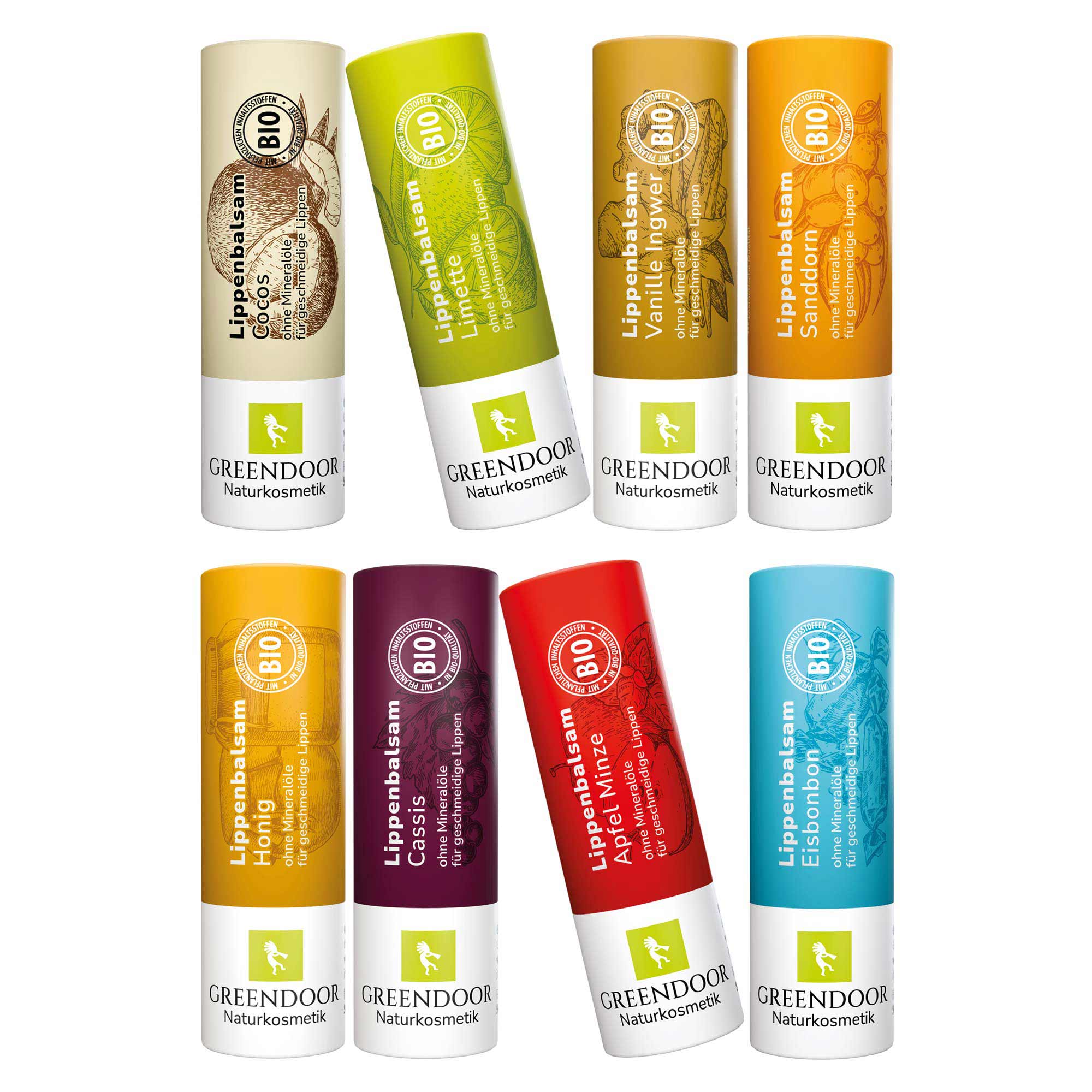 Lippenpflege-Set Tutti Acht Lippenbalsame in den Sorten Cocos, Limette, Vanille Ingwer, Sanddorn, Honig, Cassis, Apfel Minze und Eisbonbon