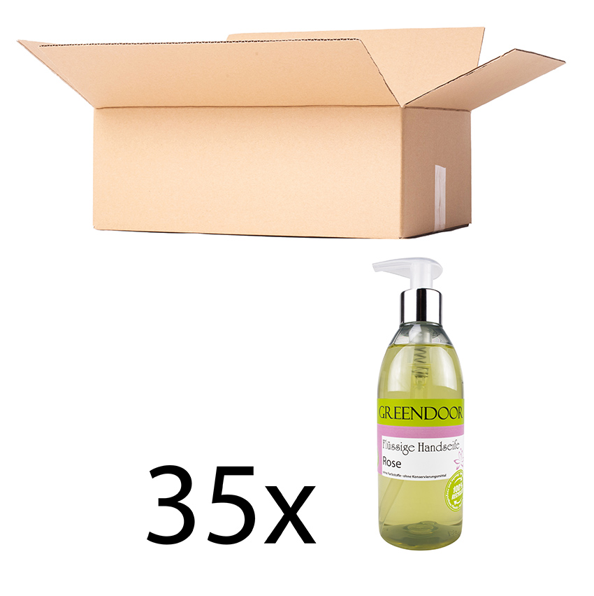Karton-Fluessigseife-35-x-Rose Echte Flüssige Handseife Rose 35x250ml, Flüssigseife vegan, natürlich basische Seife mit Spender