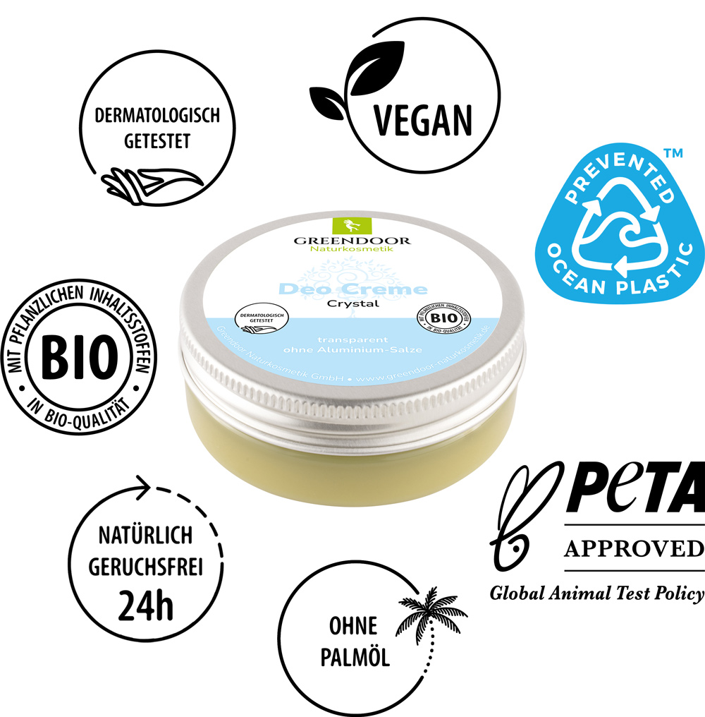 Deo Creme crystal vegan, ohne Zinkoxide, ohne Aluminiumsalze, no whitening, 18x50ml Deo Creme crystal mit Siegeln