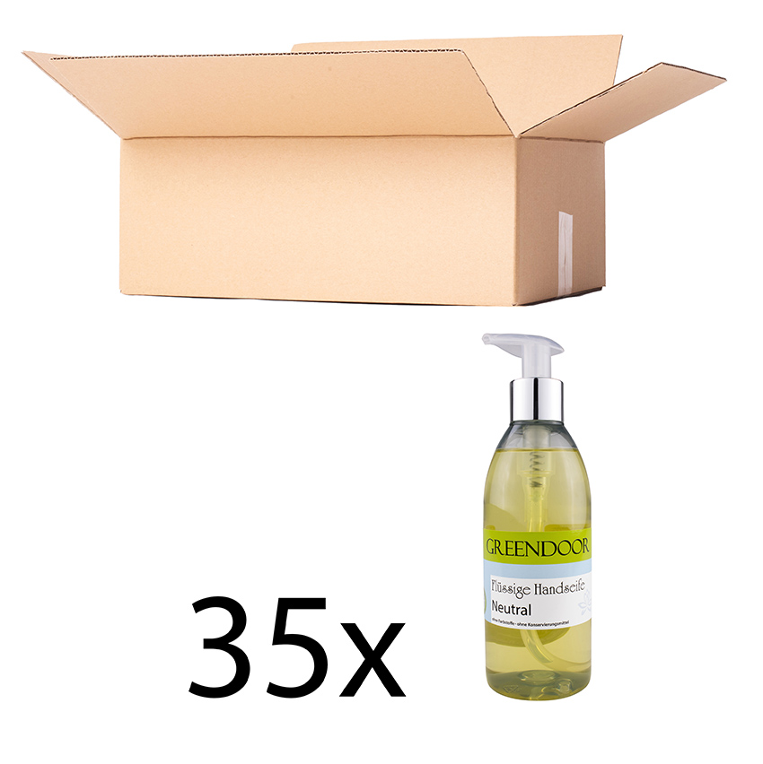 Karton-Fluessigseife-35-x-Neutral Echte Flüssige Handseife Neutral 35x250ml, Flüssigseife vegan, natürlich basische Seife mit Spender