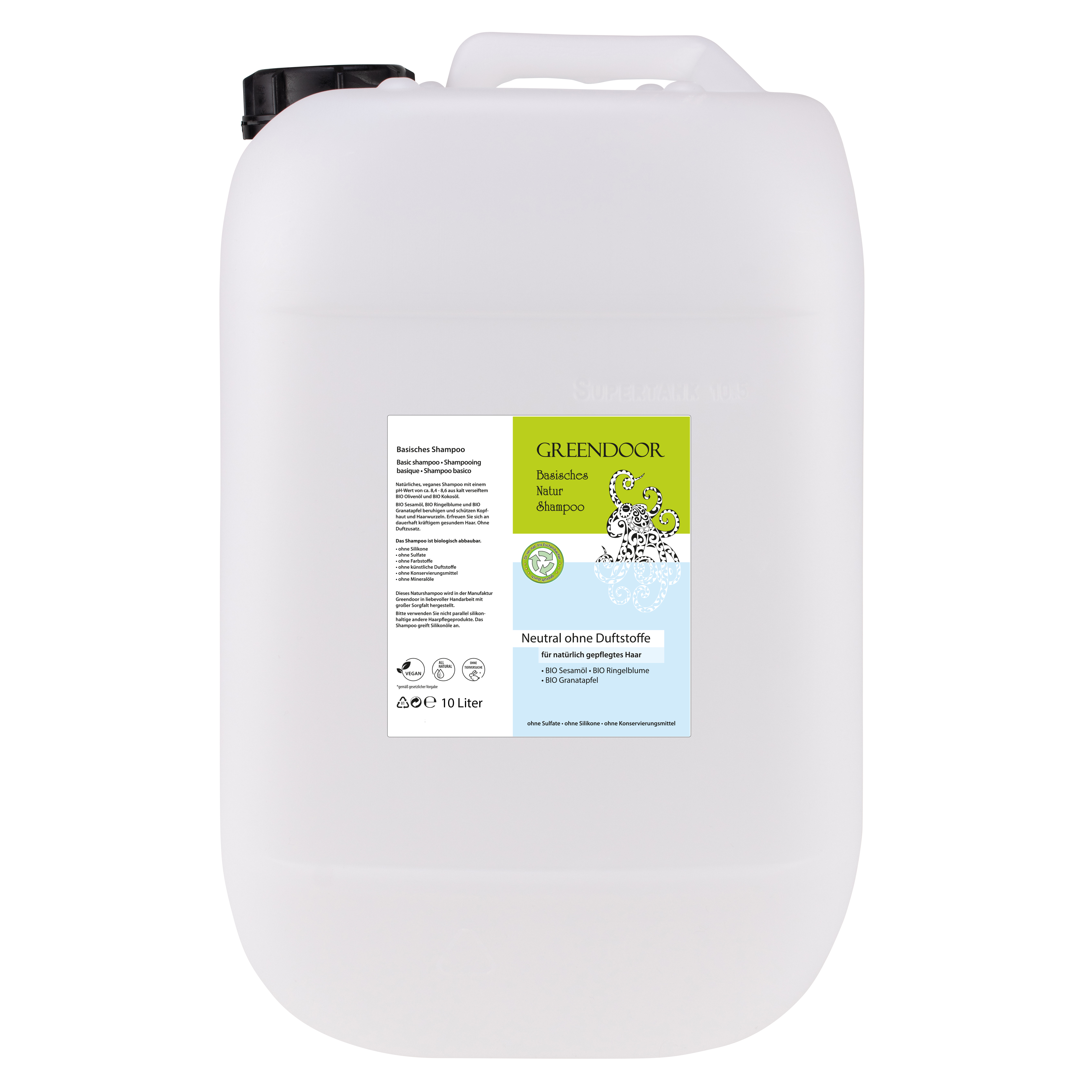 Kanister-10l-Shampoo-Neutral Basisches Natur Shampoo Neutral 10L vegan, ohne Parfum, ohne Duft, mit Bio Ölen, outdoor geeignet