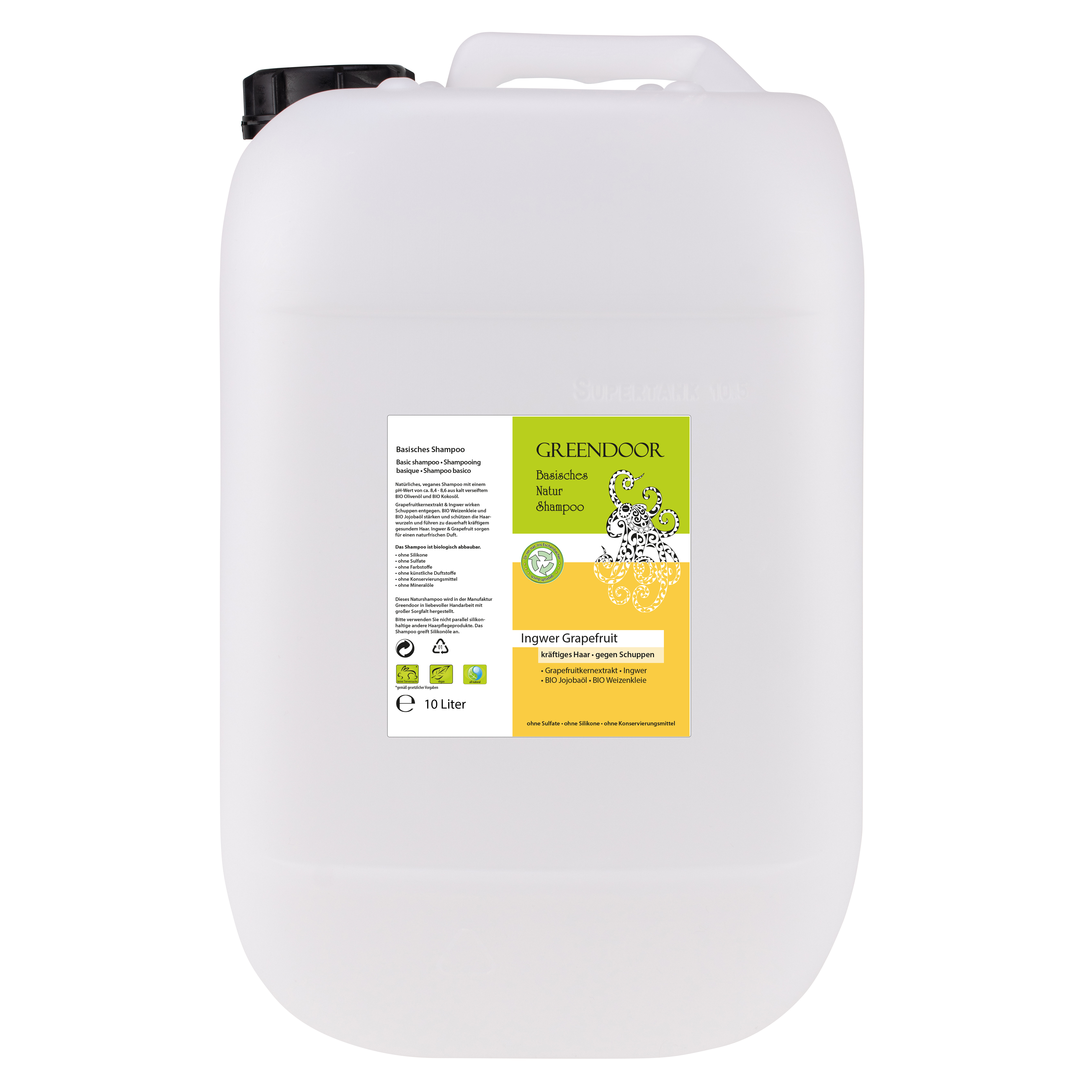 Kanister-10l-Shampoo-Ingwer-Grapefruit Basisches Natur Shampoo Ingwer Grapefruit 10L vegan Männershampoo, Shampoo Männer mit Bio Ölen
