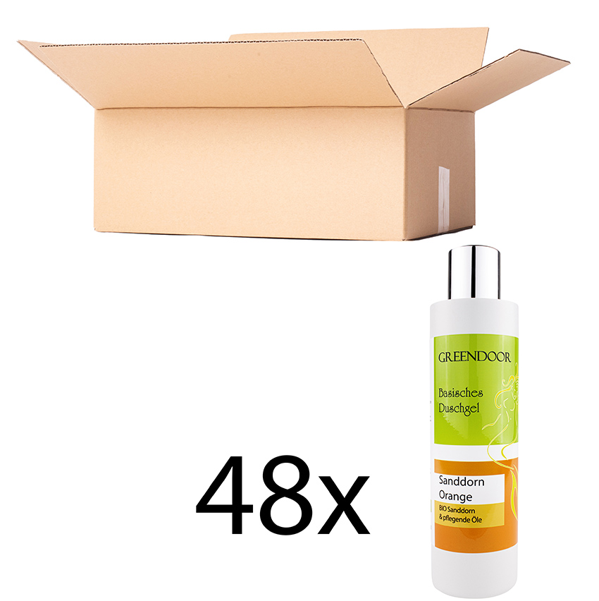 Karton-250ml-Duschgel-48-x-Sanddorn-Orange Basisches Natur Duschgel Sanddorn Orange 48x250ml, vegan, biologisch abbaubar, outdoor geeignet