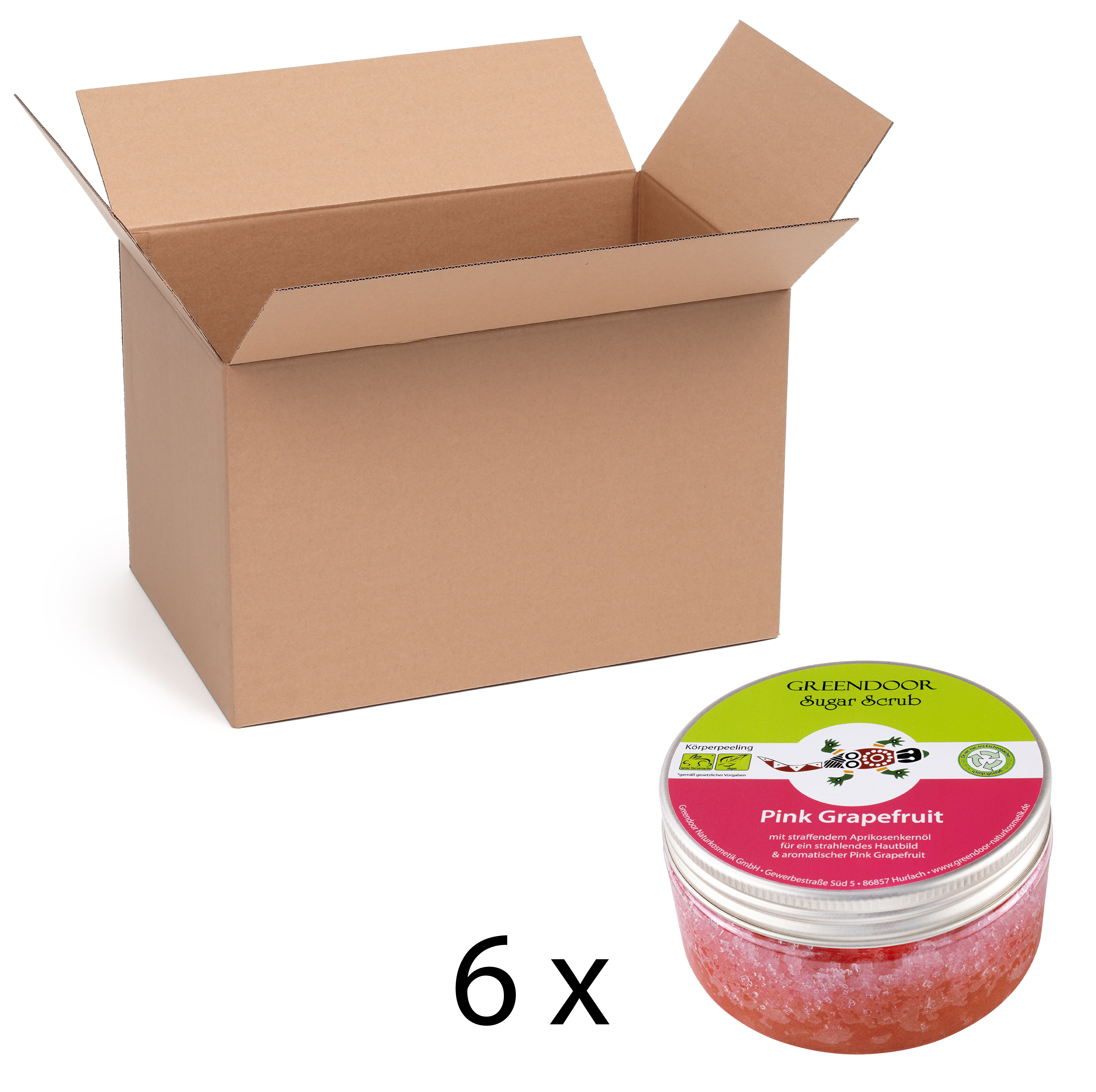 Karton-6x-Scrub-Pink-Grapefruit Sugar Scrub Pink Grapefruit veganes Körperpeeling ohne Mikroplastik, 6x230g