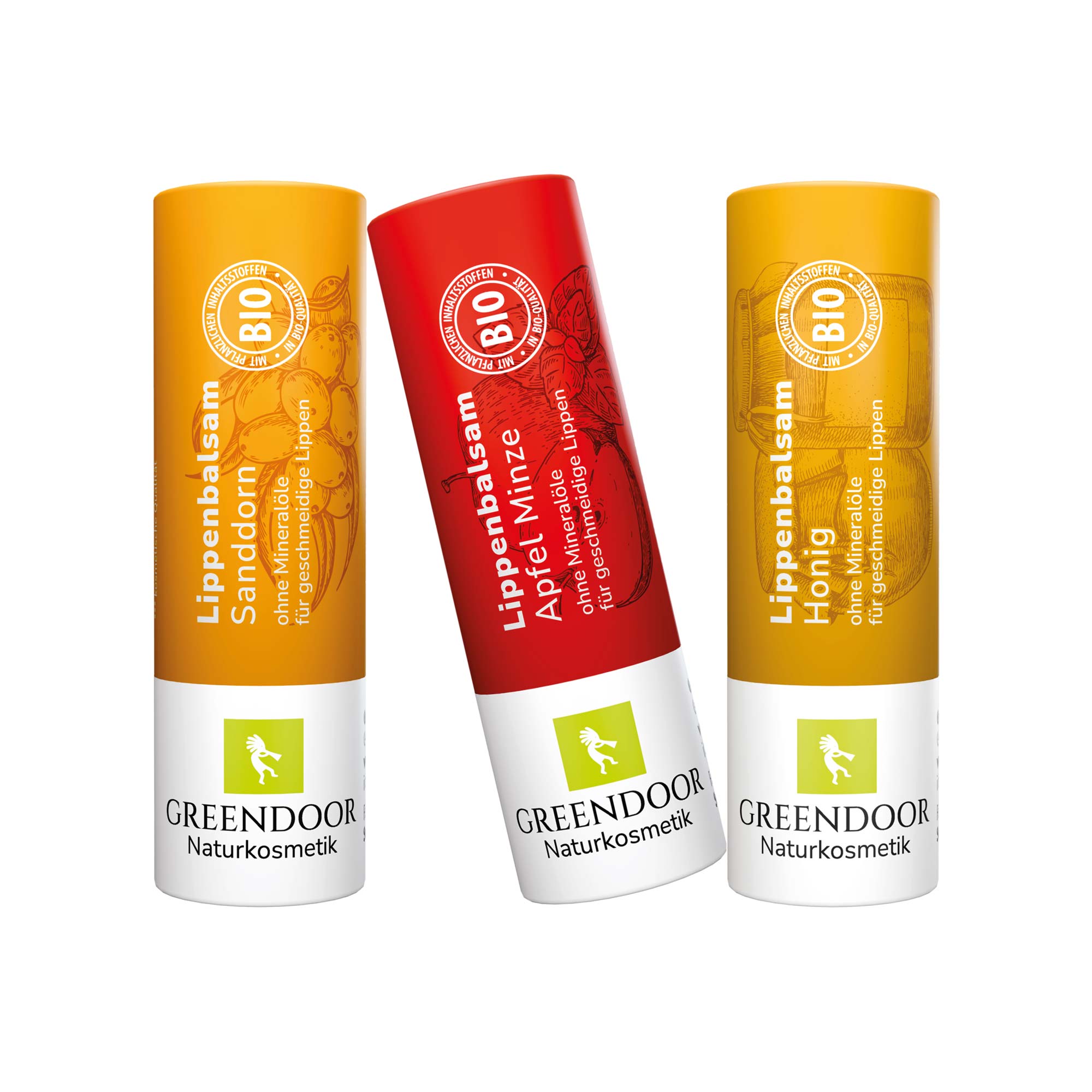 Drei Lippenbalsame in den Sorten Sanddorn, Apfel Minze und Honig