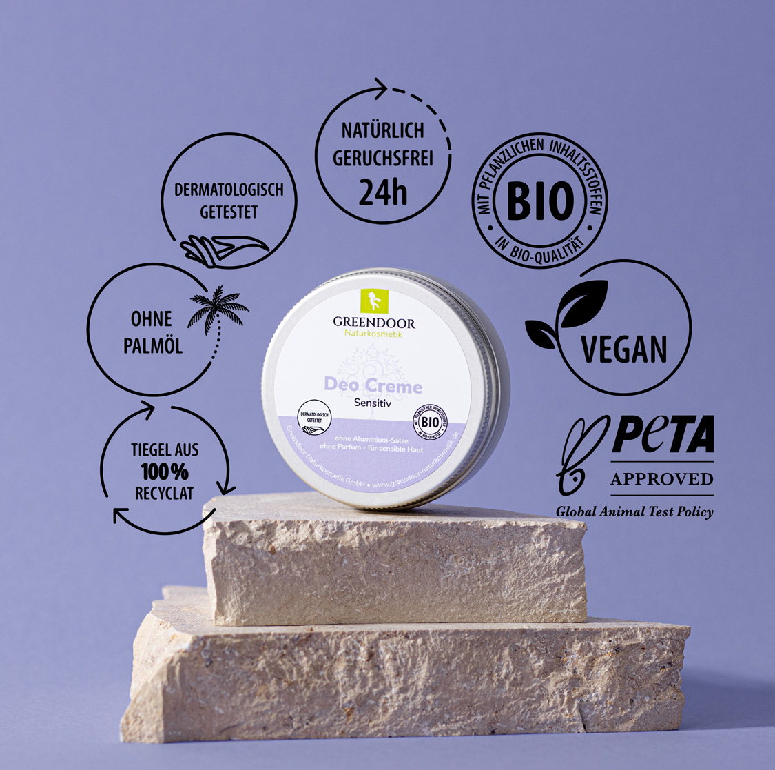 Vegane Deo Creme sensitiv ohne Parfüm, Bio Kakaobutter, Bio Cocos Virgin, 18x50ml Greendoor Deo Creme sensitiv mit Siegeln