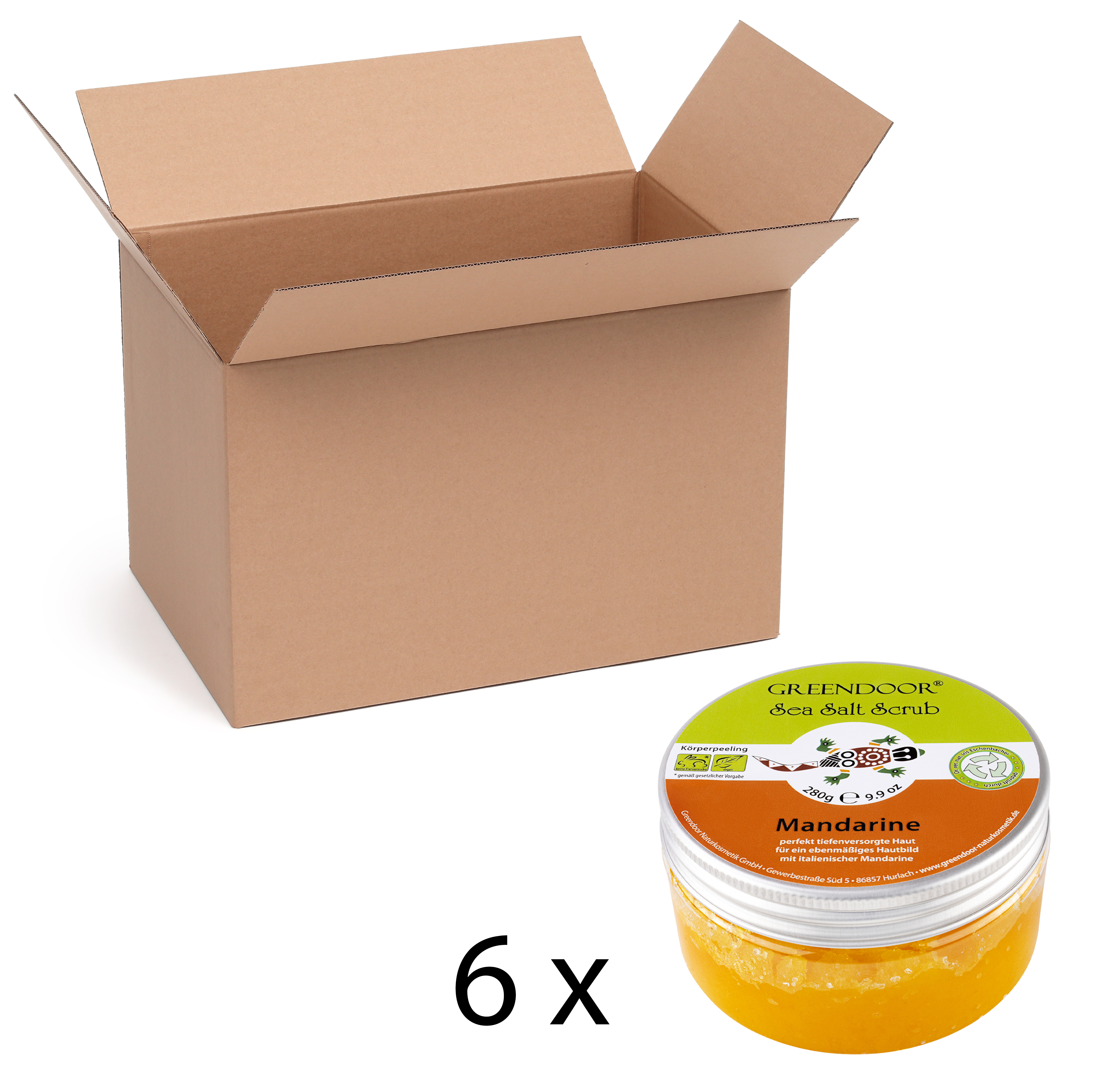 Karton-6x-Scrub-Mandarine Sea Salt Scrub Mandarine, veganes Körperpeeling ohne Mikroplastik 6x280g