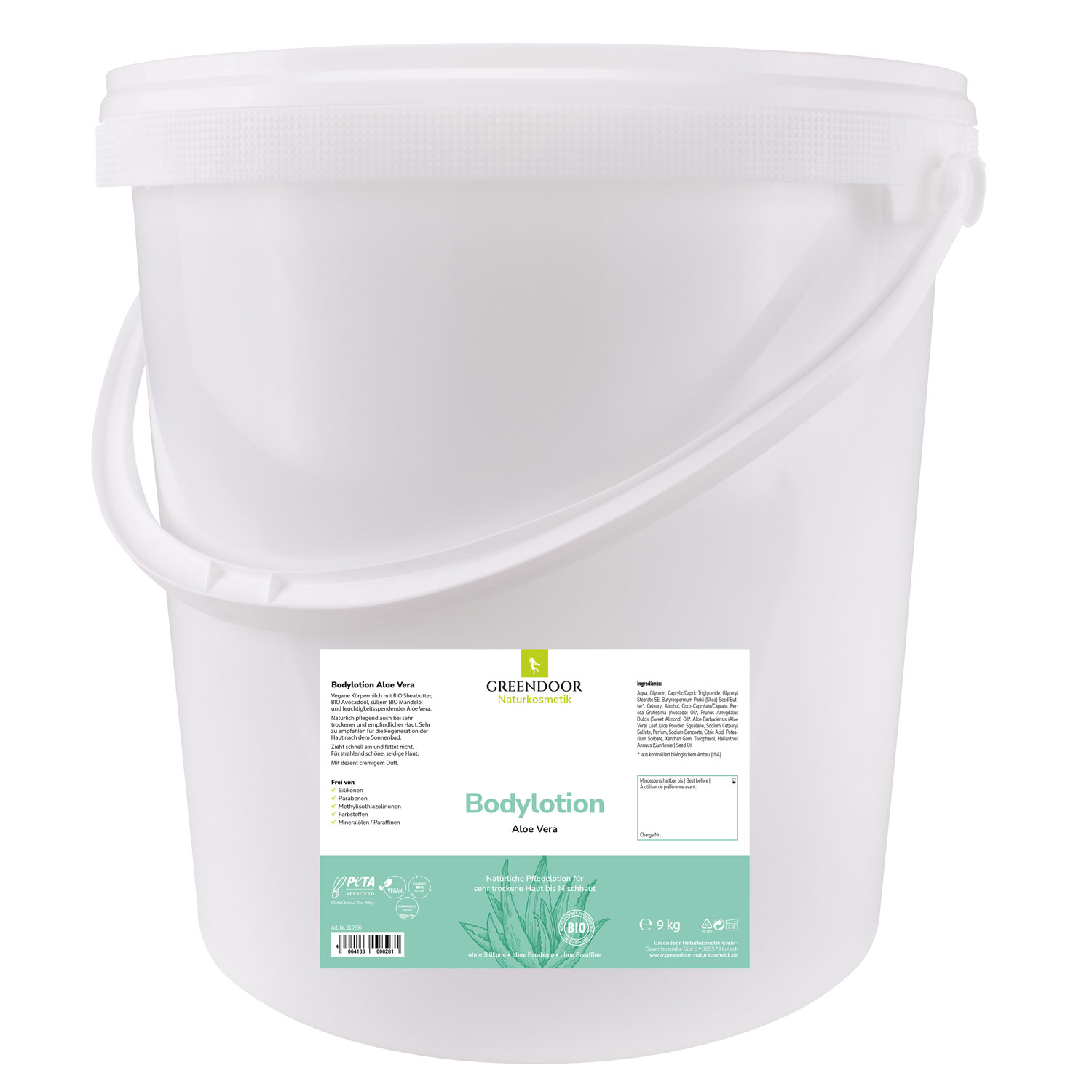 Bodylotion Aloe Vera, Körpermilch, After Sun Lotion, für trockene Haut, ohne Silikone, 9kg Eimer mit Greendoor Bodylotion Aloe Vera