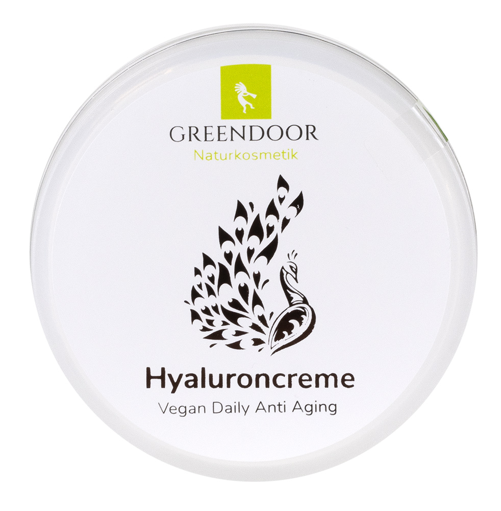 Hyaluroncreme vegan Anti Aging 12 x 50ml, regenerierend, straffend, Glastiegel Ein geschlossener Tiegel mit Greendoor Hyaluroncreme