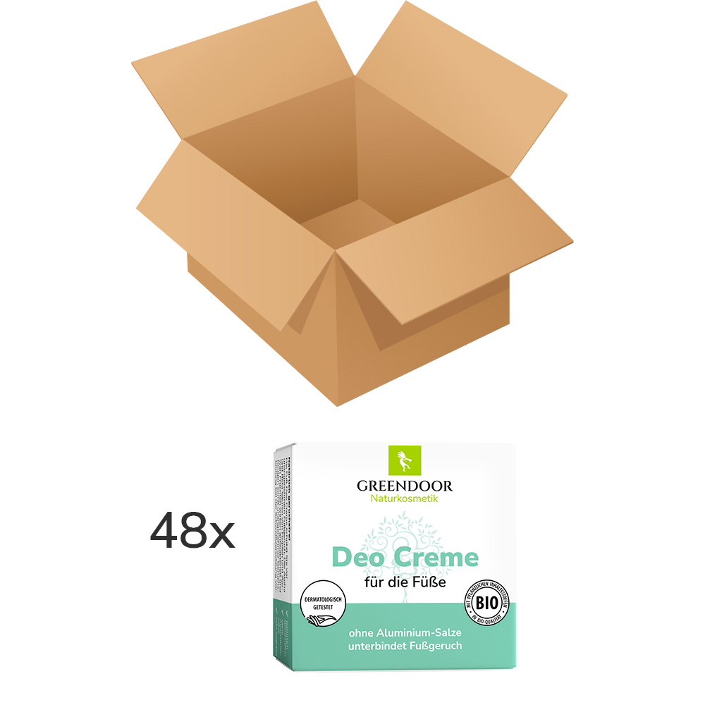 Fuß Deo Creme vegan für Füße ohne Schweißgeruch, Bio Ajovan, Hopfen, Salbei, 48x50ml achtundvierziger Karton Greendoor Deocreme für die Füße
