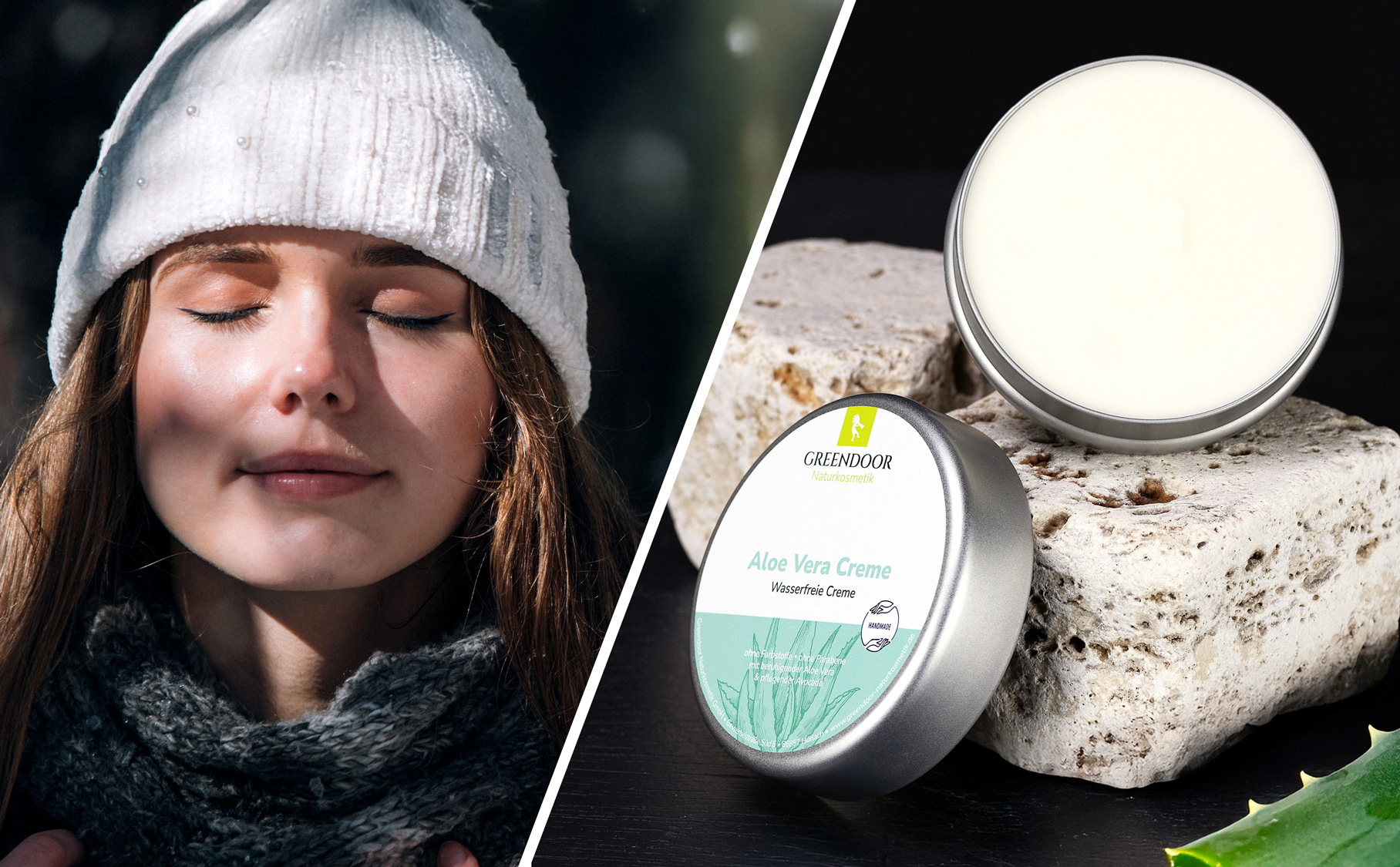 Aloe Vera Creme Eine Frau mit geschlossenen Augen und Wintermütze links und rechts eine geöffnete Dose Greendoor wasserfreie Creme Aloe Vera