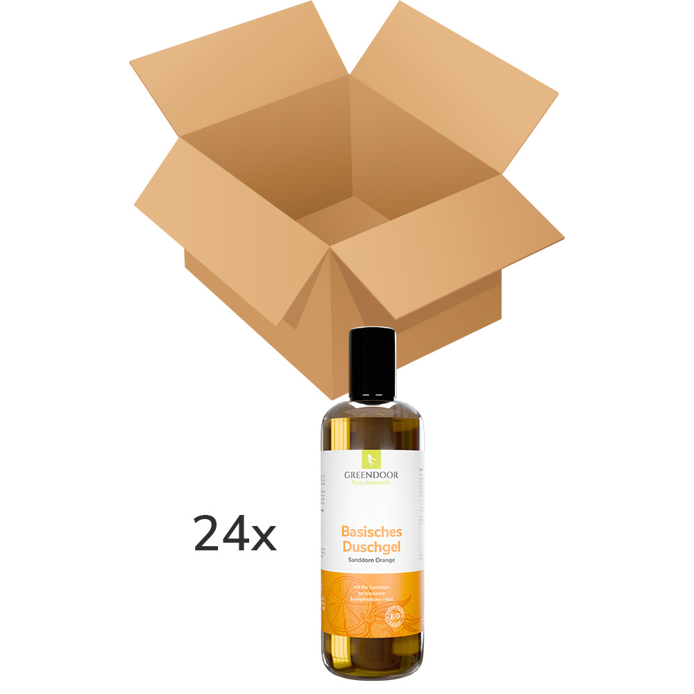 Basisches Natur Duschgel Sanddorn Orange 24x500ml, vegan, biologisch abbaubar, outdoor geeignet vierundzwanziger Karton Duschgel Sanddorn Orange