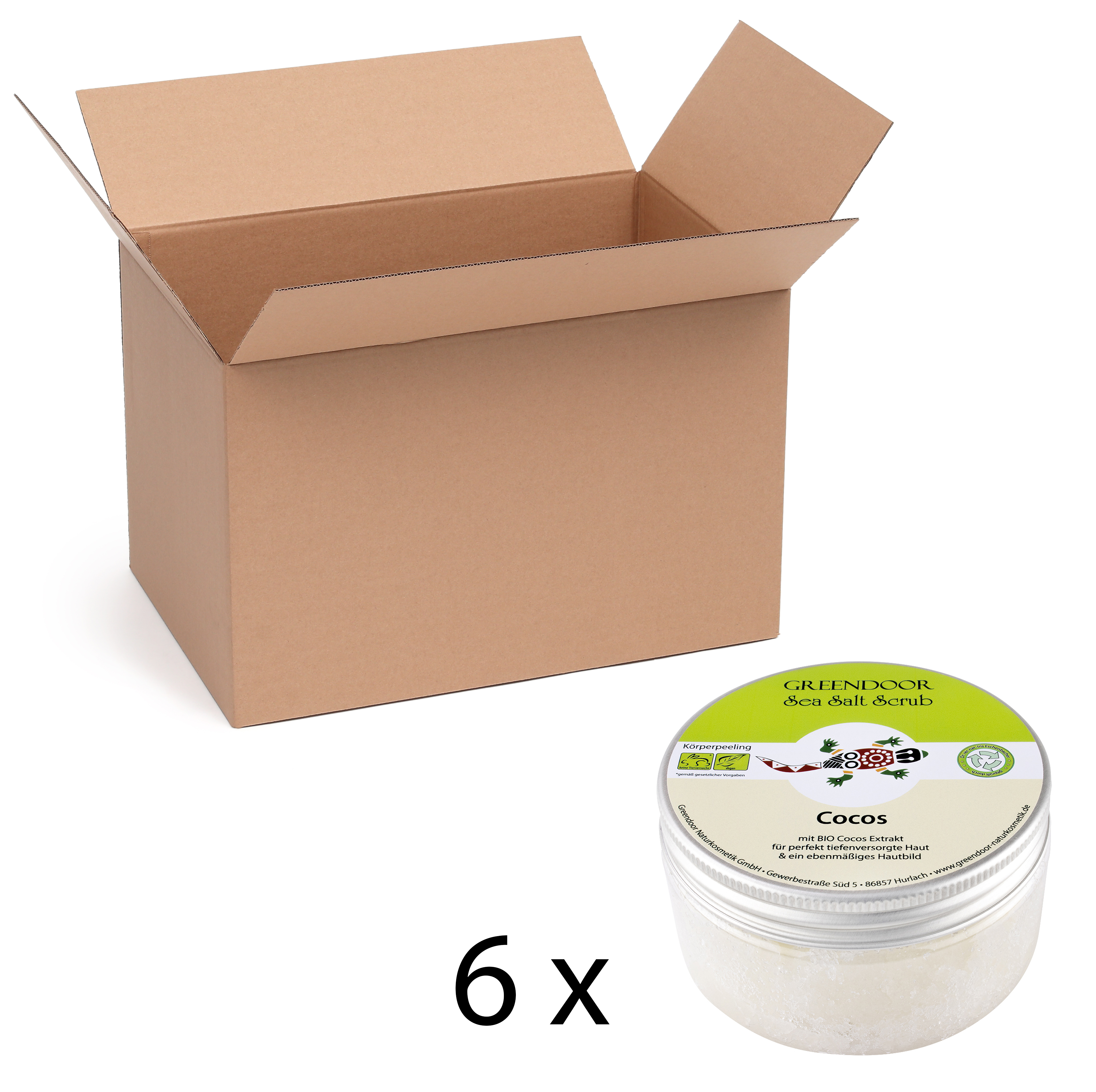 Karton-6x-Scrub-Cocos Sea Salt Scrub Cocos, veganes Körperpeeling ohne Mikroplastik 6x280g