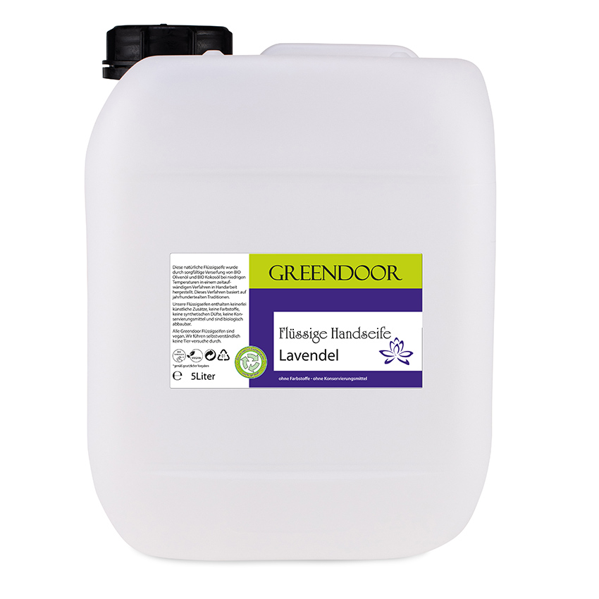 Kanister-5l-Fluessigseife-Lavendel Echte Flüssige Handseife Lavendel 5l, Flüssigseife vegan, natürlich basische Seife