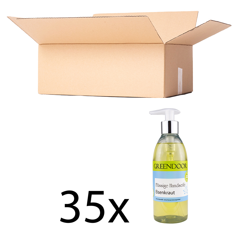 Karton-Fluessigseife-35-x-Eisenkraut Echte Flüssige Handseife Eisenkraut 35x250ml, Flüssigseife vegan, natürlich basische Seife, Spender