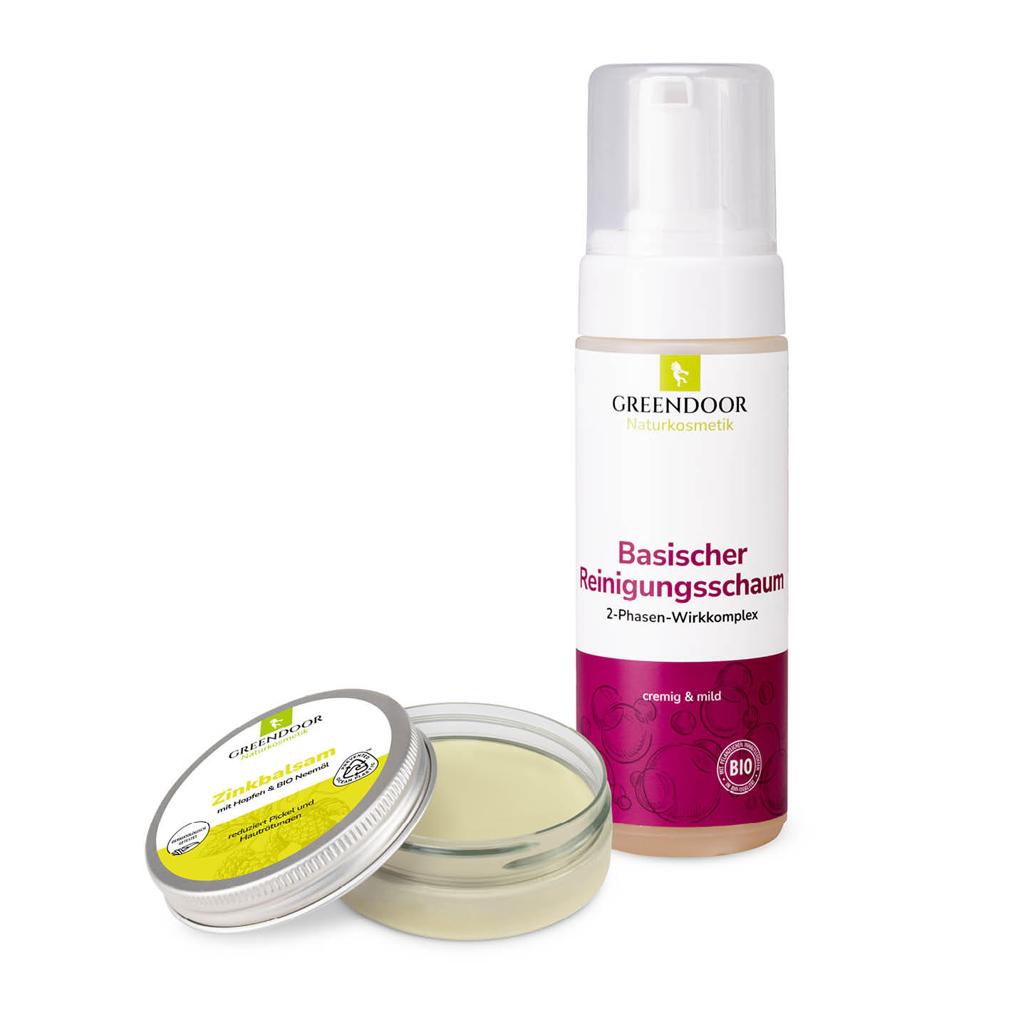 Anti Pickel Set Basic von Greendoor bestehend aus einem Zinkbalsam und einer Foamer Flasche Basischer Reinigungsschaum
