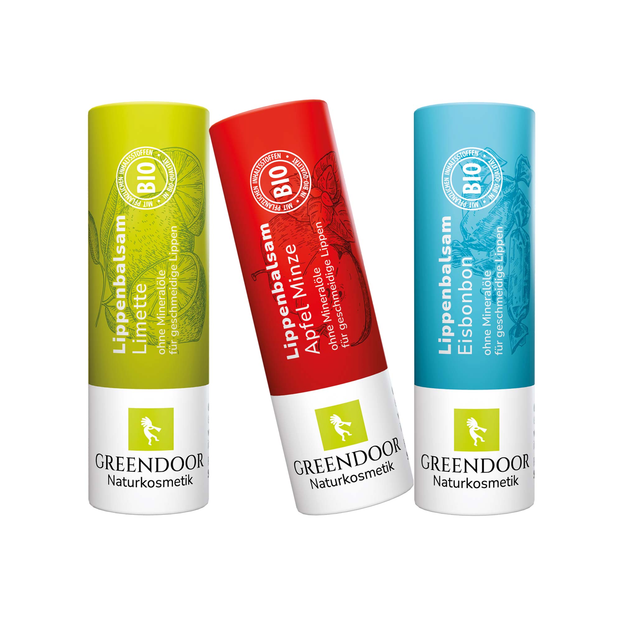 Drei Lippenbalsame in den Sorten Limette, Apfel Minze und Eisbonbon