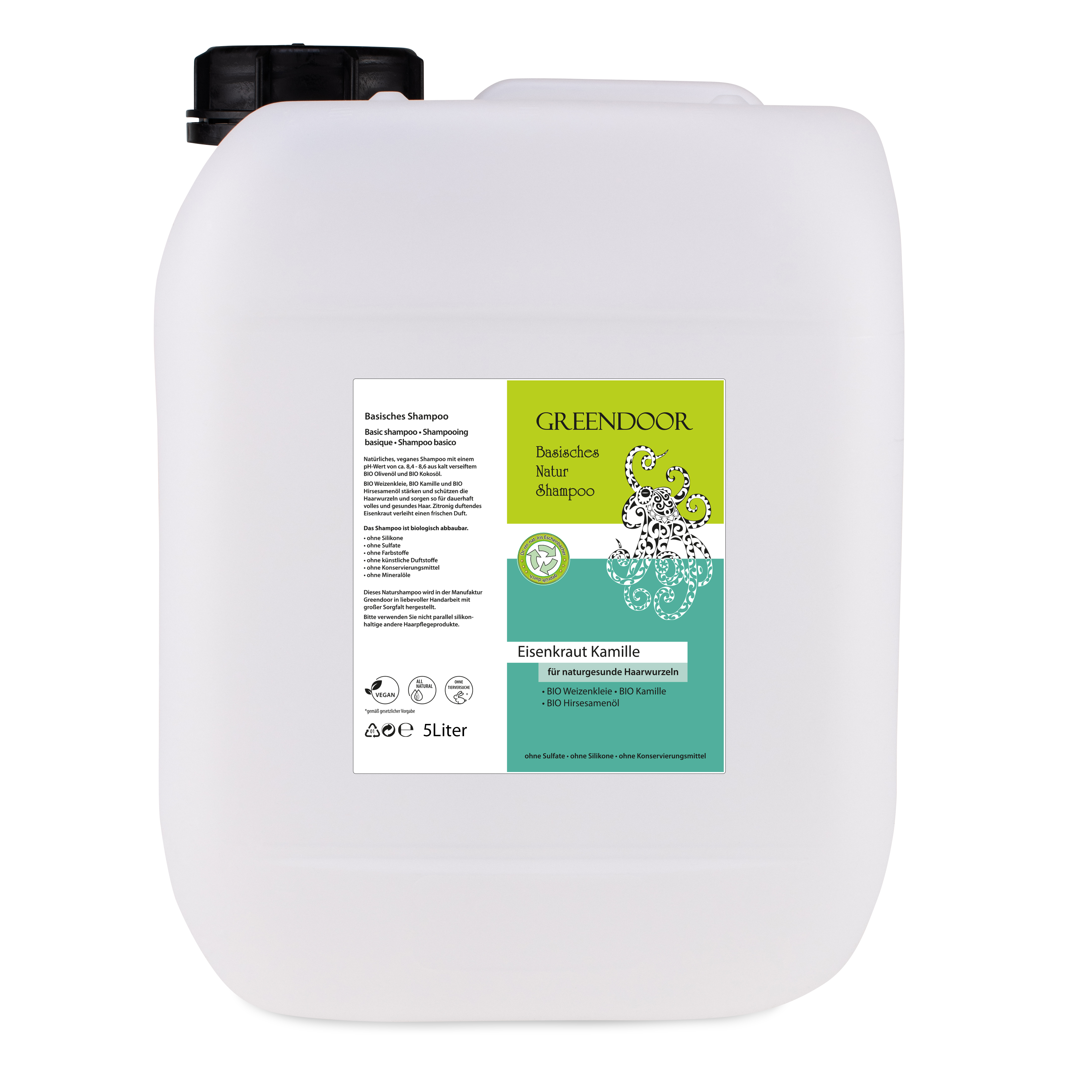 Kanister-5l-Natur-Shampoo-Eisenkraut-Kamille Basisches Natur Shampoo Eisenkraut Kamille 5L vegan, natürlich, outdoor geeignet, mit Bio Ölen