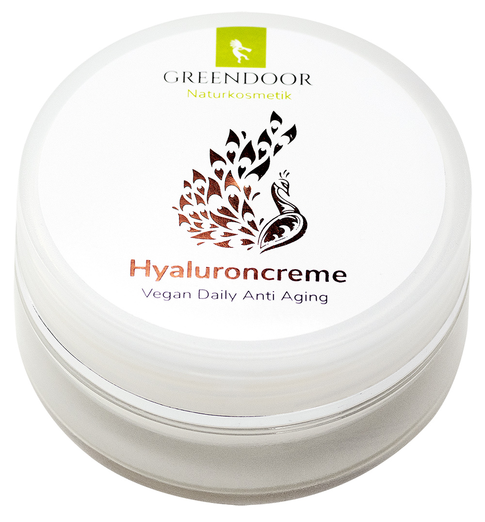 Hyaluroncreme vegan Anti Aging 12 x 50ml, regenerierend, straffend, Glastiegel Ein geschlossener Tiegel mit Greendoor Hyaluroncreme