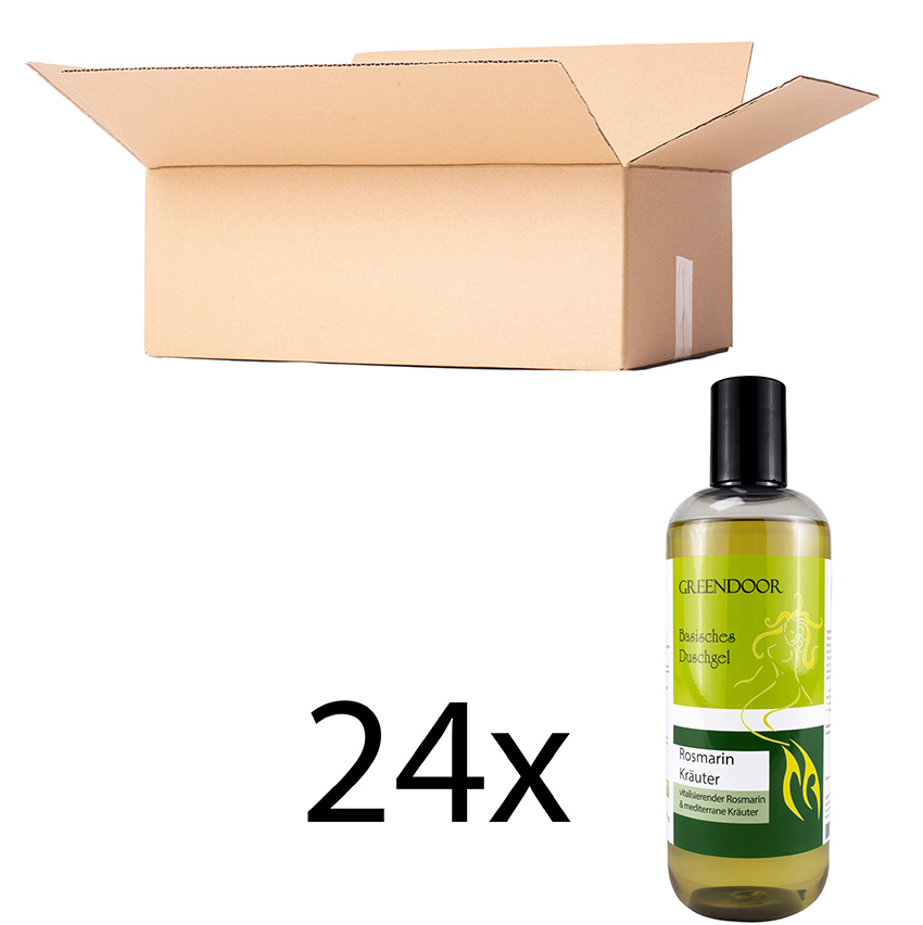 Karton-500ml-Duschgel-24-x-Rosmarin Basisches Natur Duschgel Rosmarin, 24x500ml vegan, Naturkosmetik bio abbaubar, outdoor geeignet