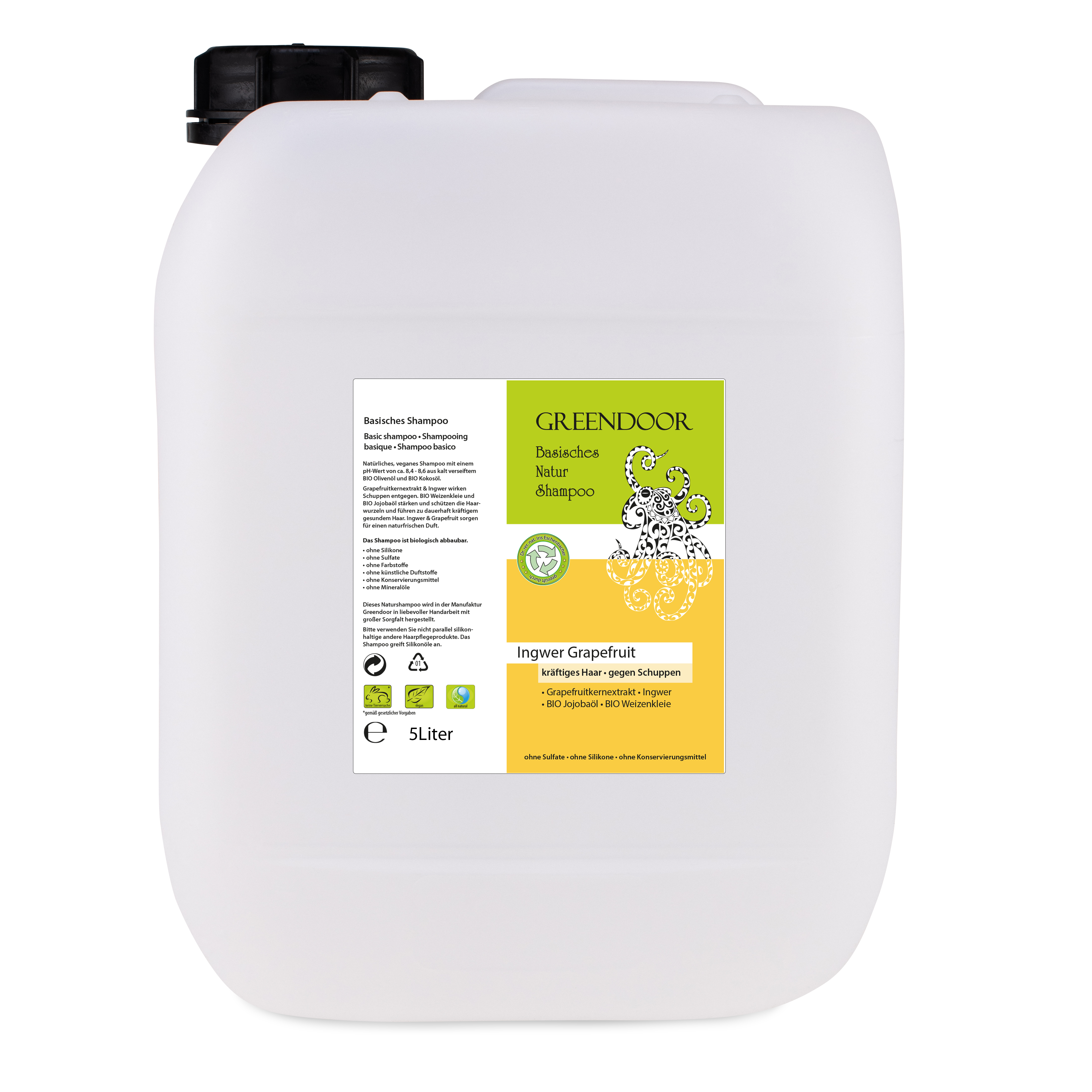 Kanister-5l-Natur-Shampoo-Ingwer-Grapefruit Basisches Natur Shampoo Ingwer Grapefruit 5L vegan Männershampoo, Shampoo Männer mit Bio Ölen
