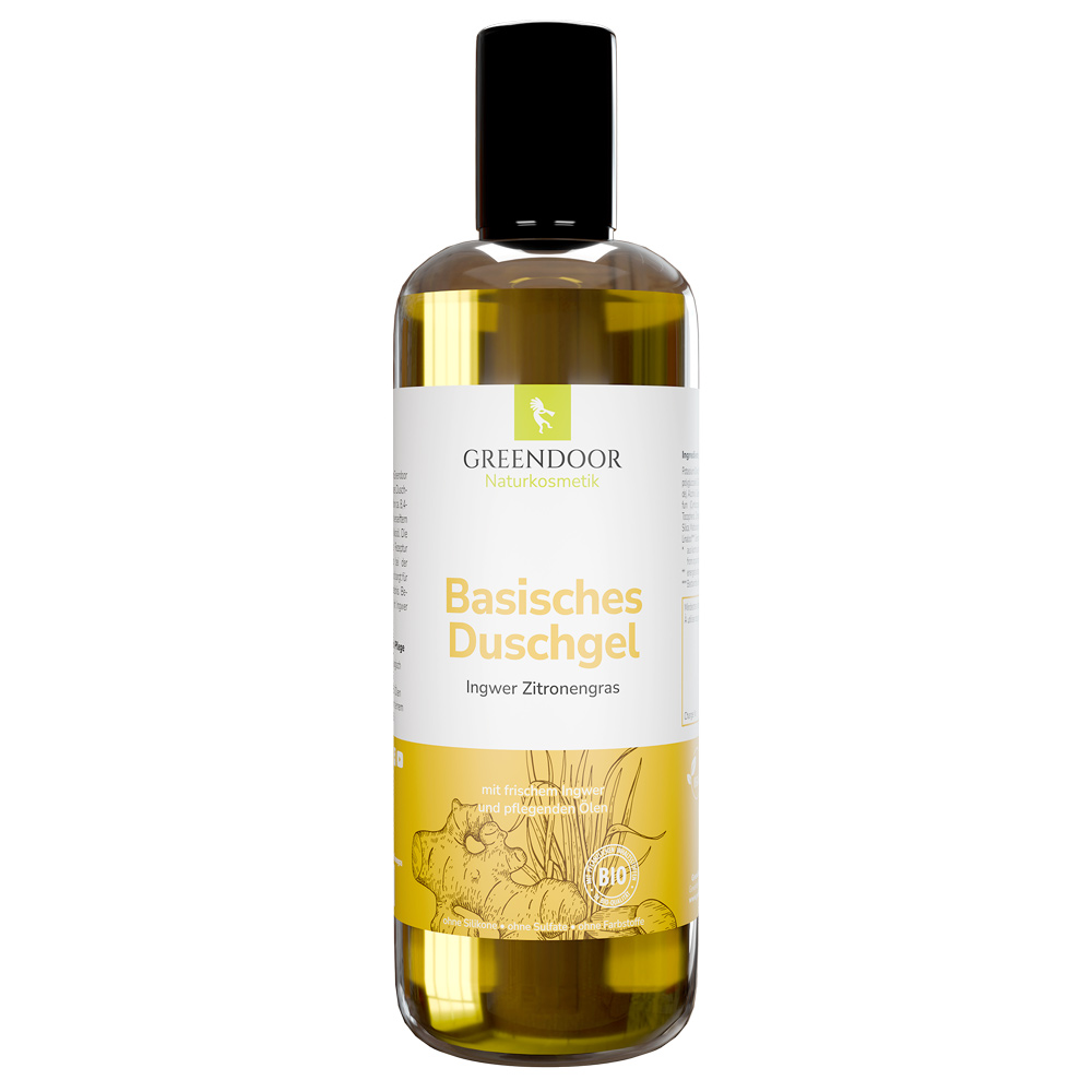 Eine 500 Milliliter Flasche Greendoor Duschgel Ingwer Zitronengras