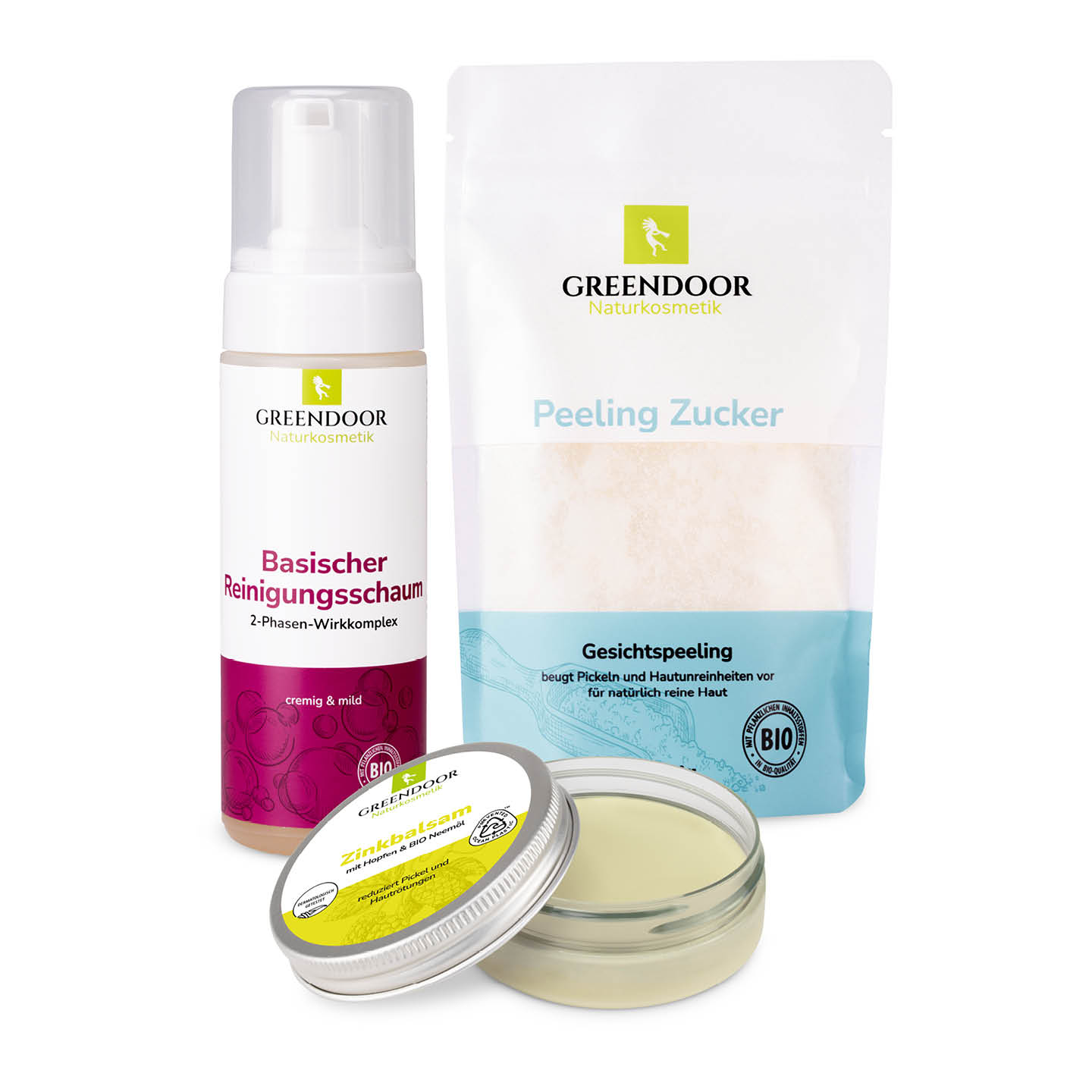 Anti Pickel Set Complete von Greendoor bestehend aus einem Zinkbalsam und einer Foamer Flasche Basischer Reinigungsschaum und einem Gesichtspeeling