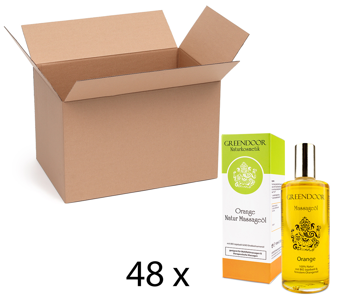 Karton-48x-Massageoel-Orange-100ml Massageöl Orange 48x100ml, vegan, mit Bio Jojobaöl, reine Naturkosmetik, auch als natürliches Körper