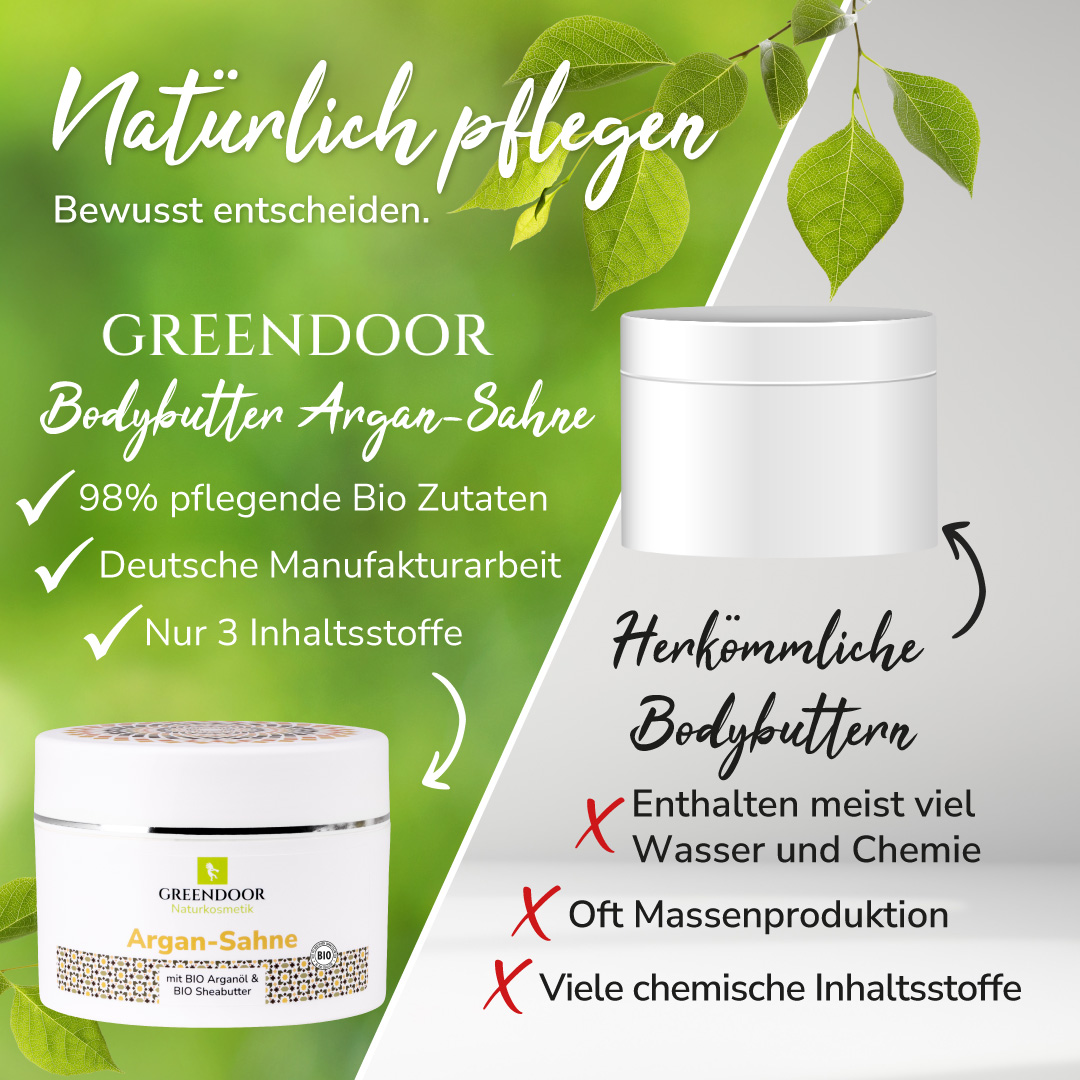 Argan Sahne ohne Glimmer Hinweis auf Produktvorteile von Greendoor Argan Sahne gegenüber normaler Bodybutter, sie hat 98 Prozent pflegende Bio Zutaten, stammt aus einer Deutschen Manufaktur und besteht aus nur drei Inhaltsstoffen