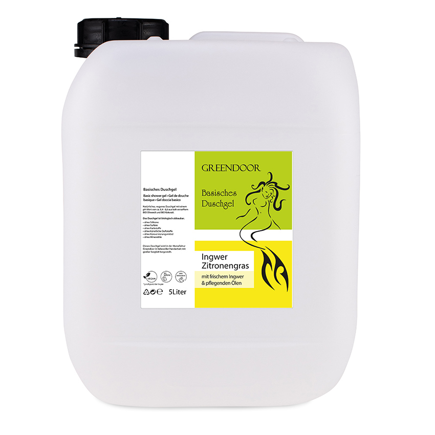 Kanister-5l-Duschgel-Ingwer-Zitronengras Basisches Natur Duschgel Ingwer Zitronengras 5L, vegan, outdoor geeignete Naturkosmetik