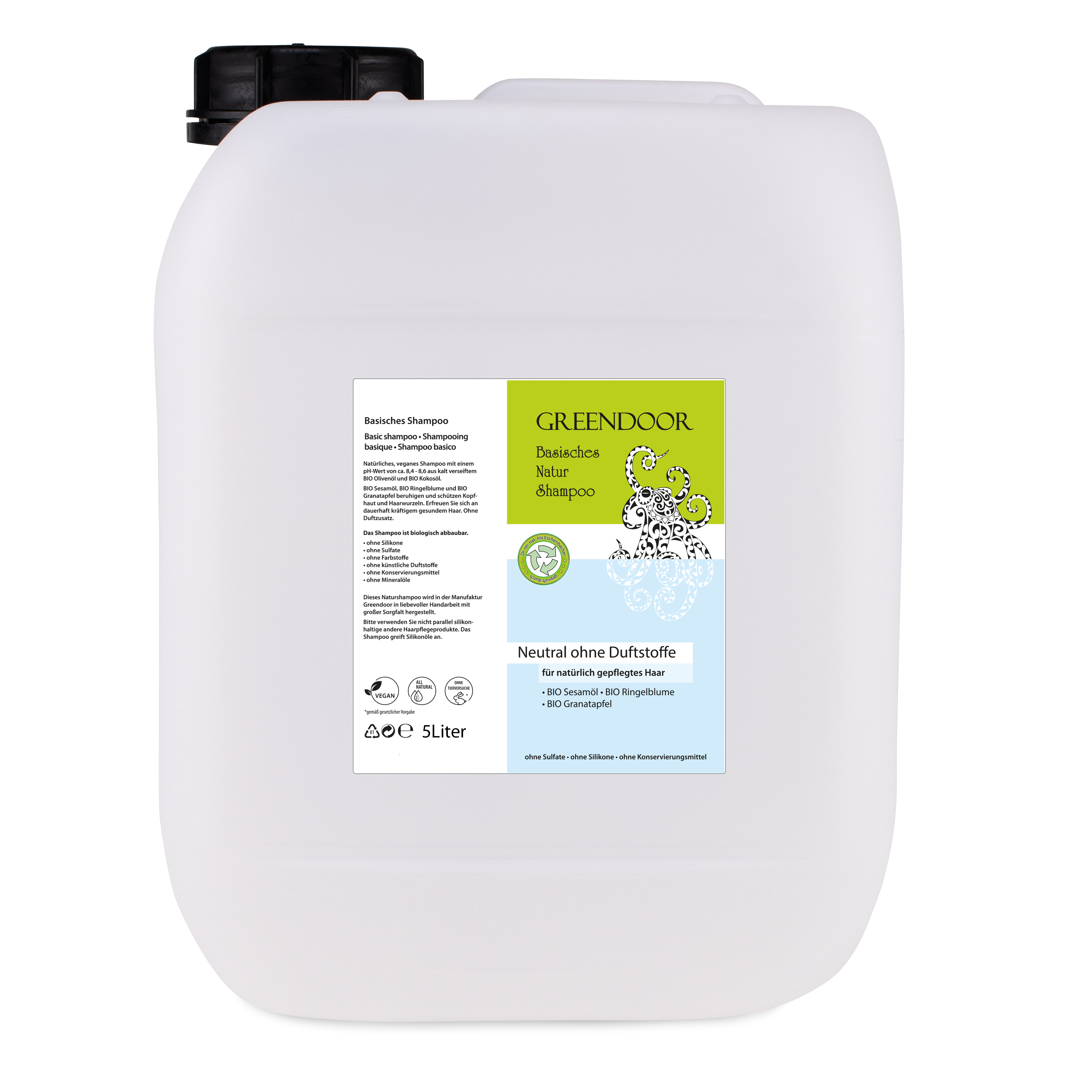 Kanister-5l-Natur-Shampoo-Neutral-ohne-Duftstoffe Basisches Natur Shampoo Neutral 5L vegan, ohne Parfum, ohne Duft, mit Bio Ölen, outdoor geeignet