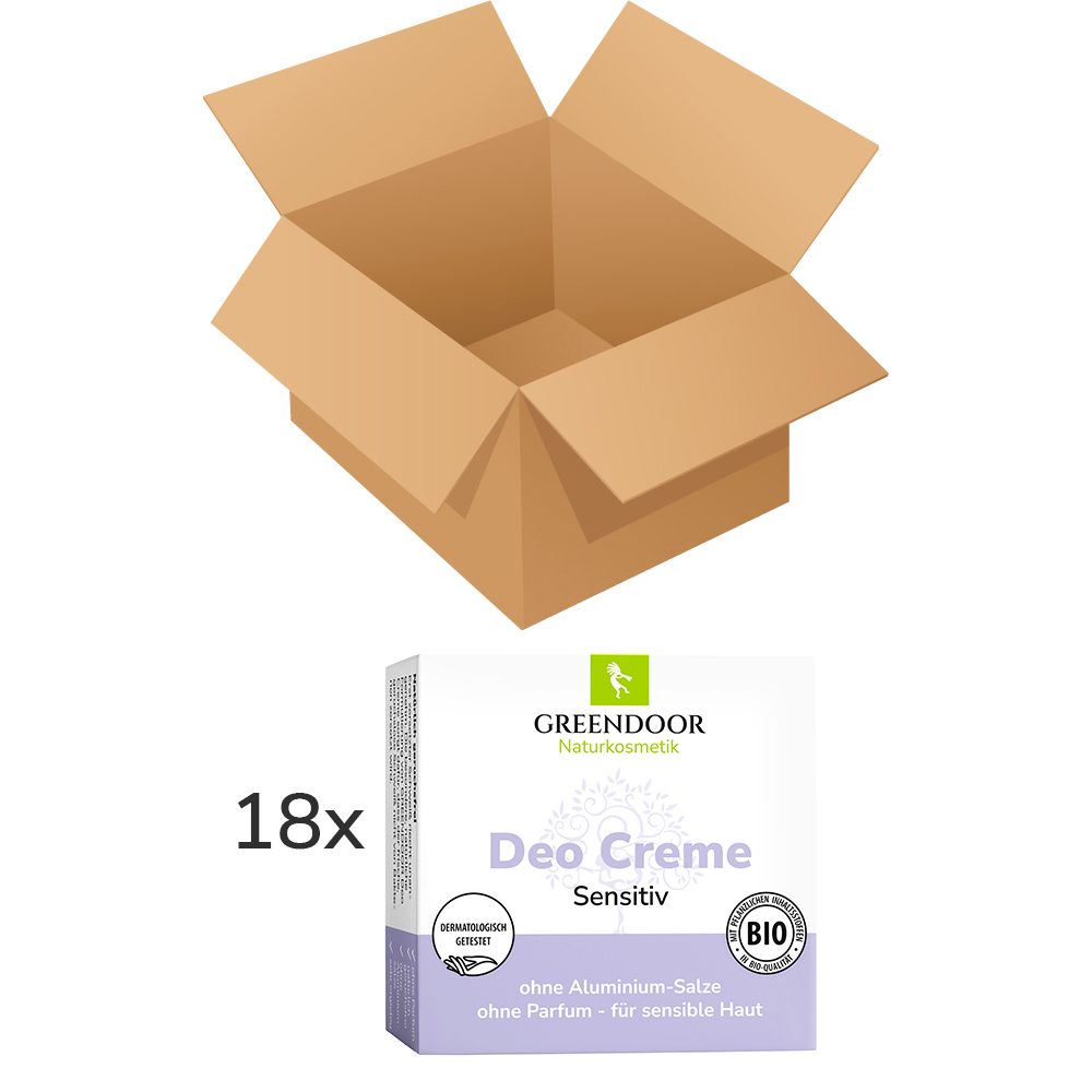 Vegane Deo Creme sensitiv ohne Parfüm, Bio Kakaobutter, Bio Cocos Virgin, 18x50ml achtzehnerkarton Deo Creme sensitiv