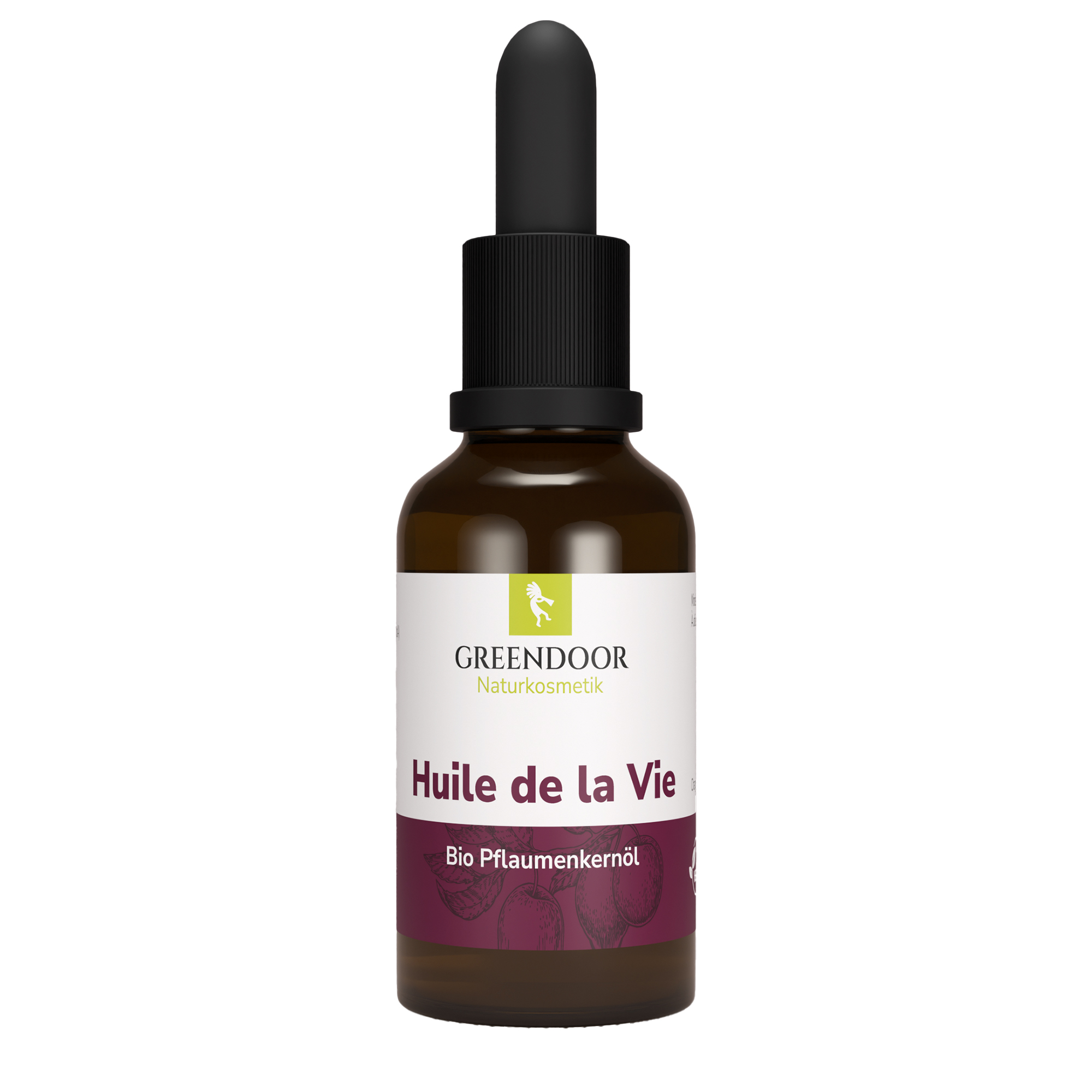 Flasche mit Greendoor Naturkosmetik Bio Pflaumenkernöl, Huile de la Vie