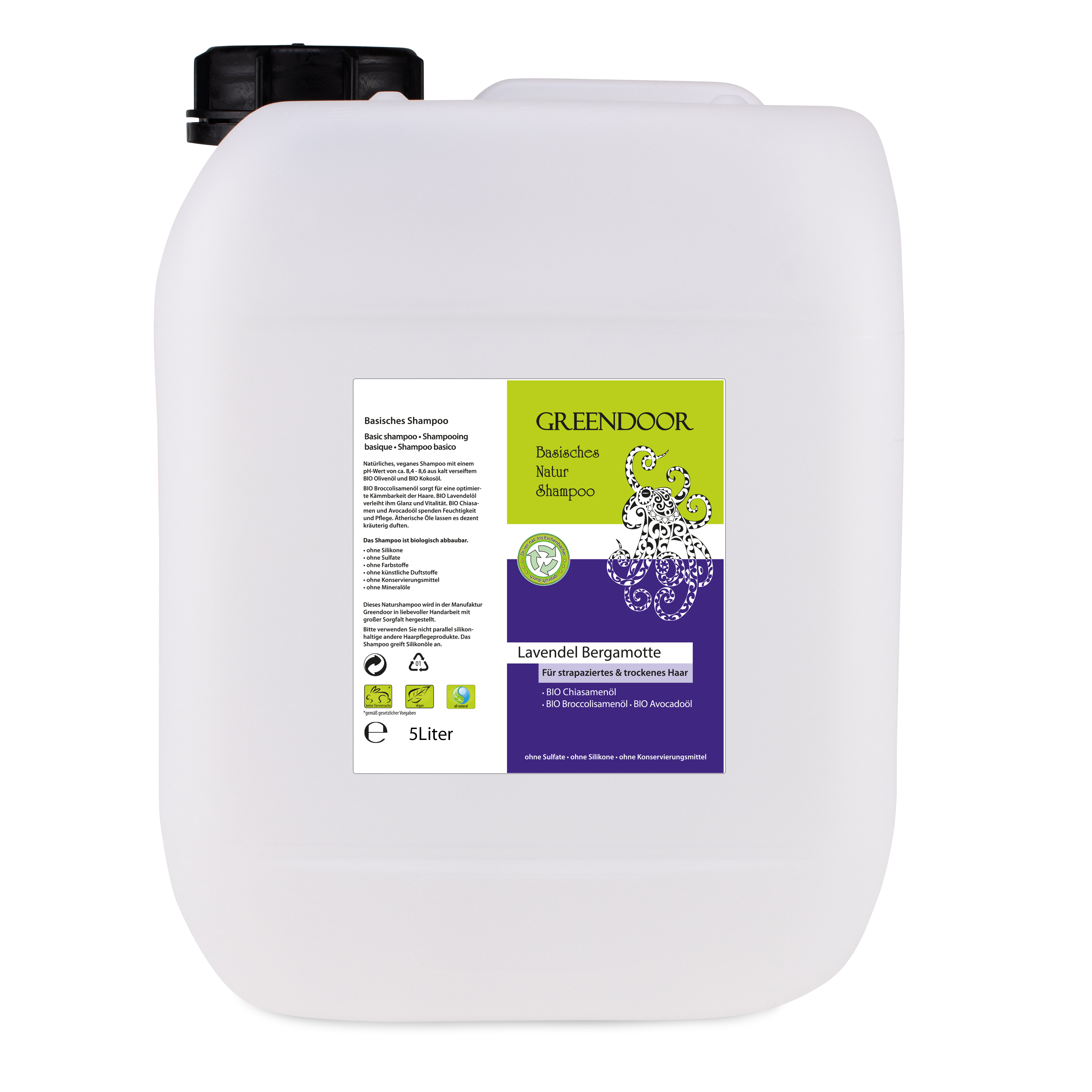 Kanister-5l-Natur-Shampoo-Lavendel-Bergamotte Basisches Natur Shampoo Lavendel Bergamotte 5L vegan mit Bio Ölen, natürlich, outdoor geeignet