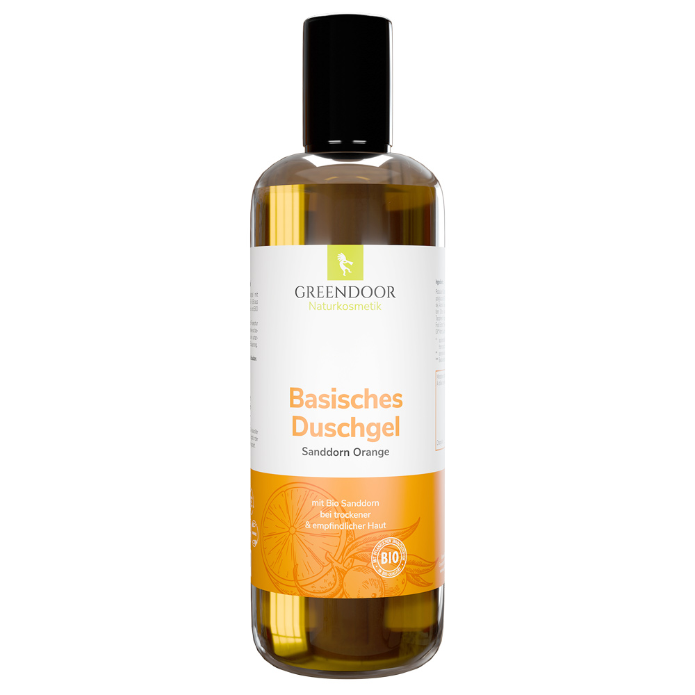 Basisches Natur Duschgel Sanddorn Orange 24x500ml, vegan, biologisch abbaubar, outdoor geeignet Eine 500 Milliliter Flasche Greendoor Duschgel Sanddorn Orange