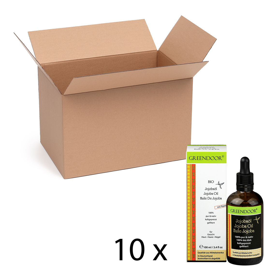 Karton-10x-Jojobaoel Bio Jojobaöl in Braunglasflasche + Pipette 10x100ml, nativ rein kaltgepresst, natürlich ohne Silikon