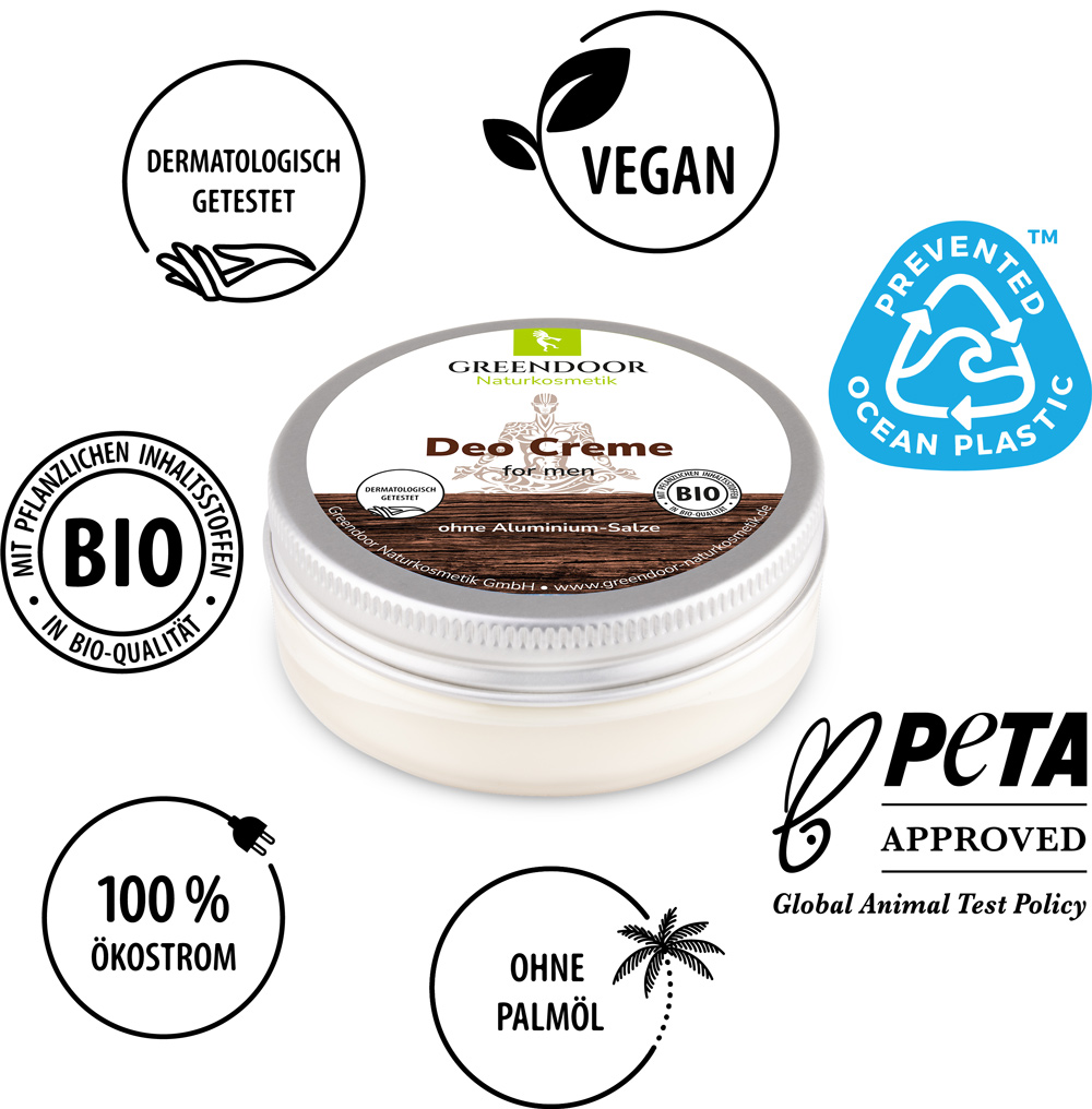 Deo Creme for men vegan, starke Wirkung, frisch-holziger Duft, 4x50ml Deo Creme for men mit Siegeln