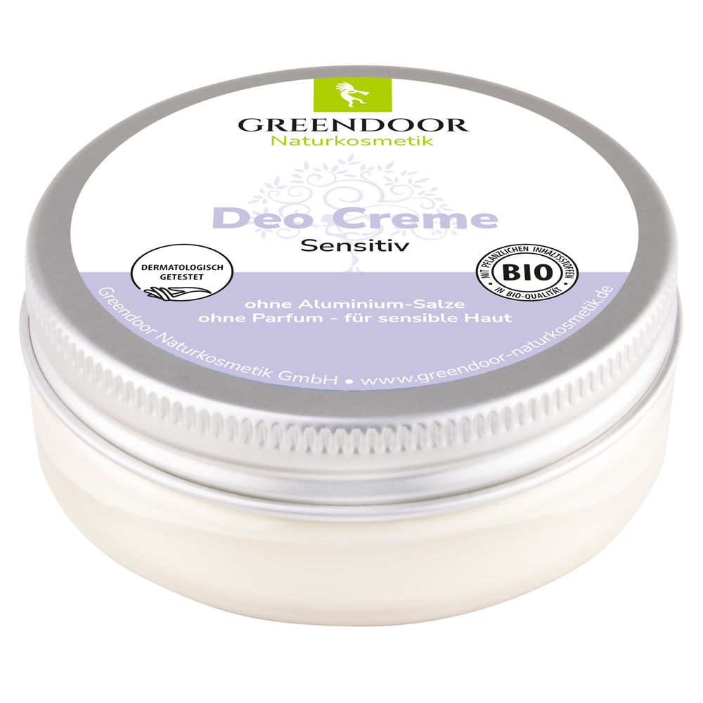 Greendoor Naturkosmetik Deo Creme Sensitiv, dermatologisch getestet, bio-zertifiziert, ohne Aluminium und Parfüm für empfindliche Haut in einem Tiegel
