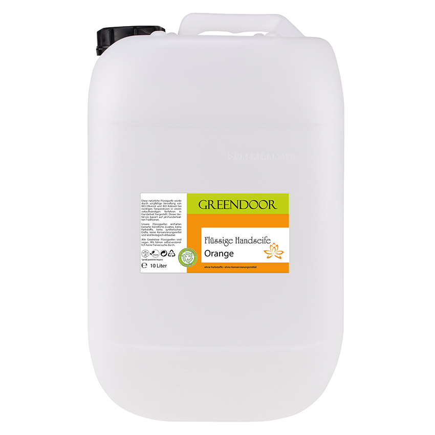 Kanister-10l-Fluessigseife-Orange Echte Flüssige Handseife Orange 10L, Flüssigseife vegan, natürliche Seife