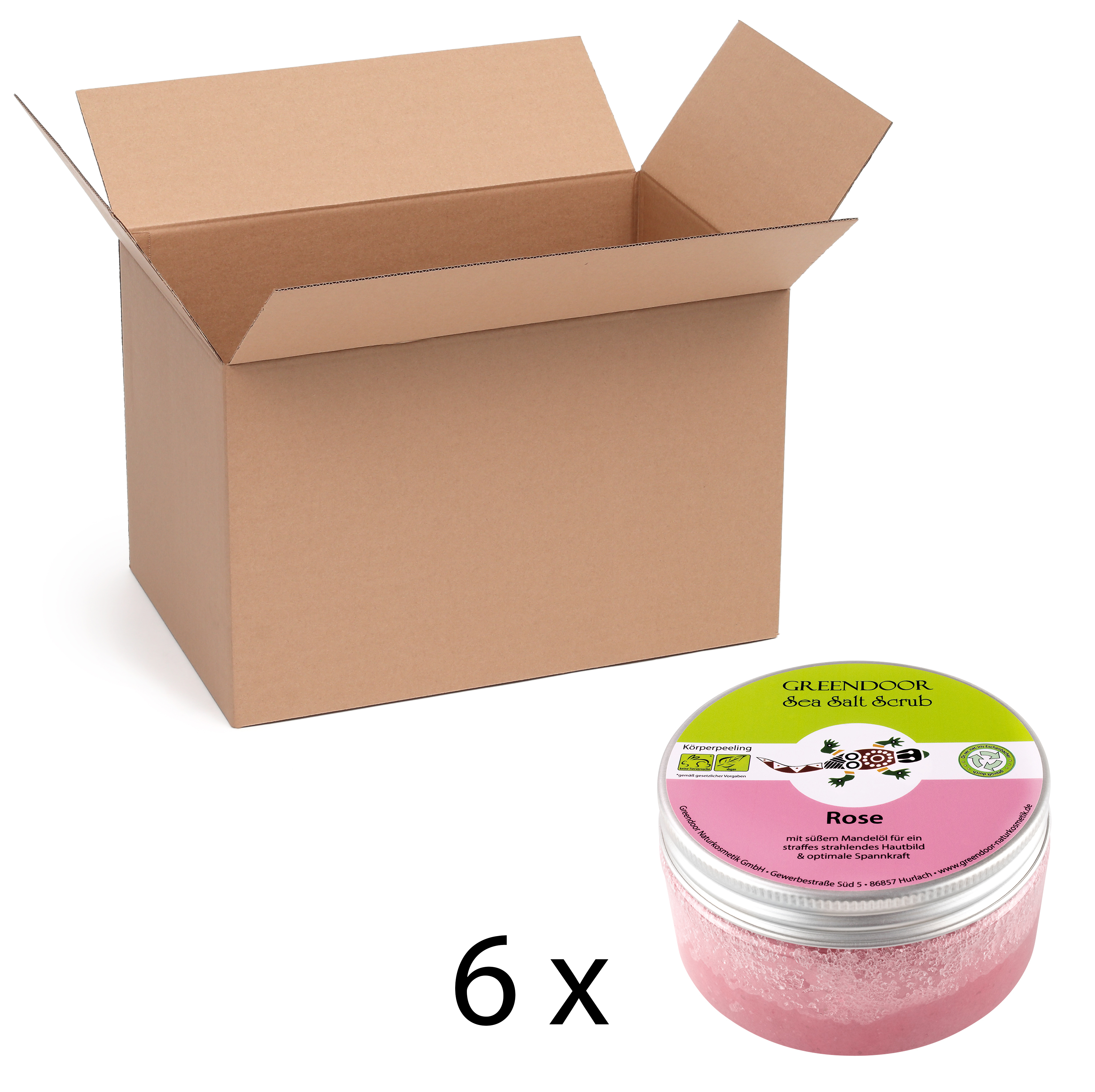 Karton-6x-Scrub-Rose Sea Salt Scrub Rose, veganes Körperpeeling ohne Mikroplastik, 6x280g