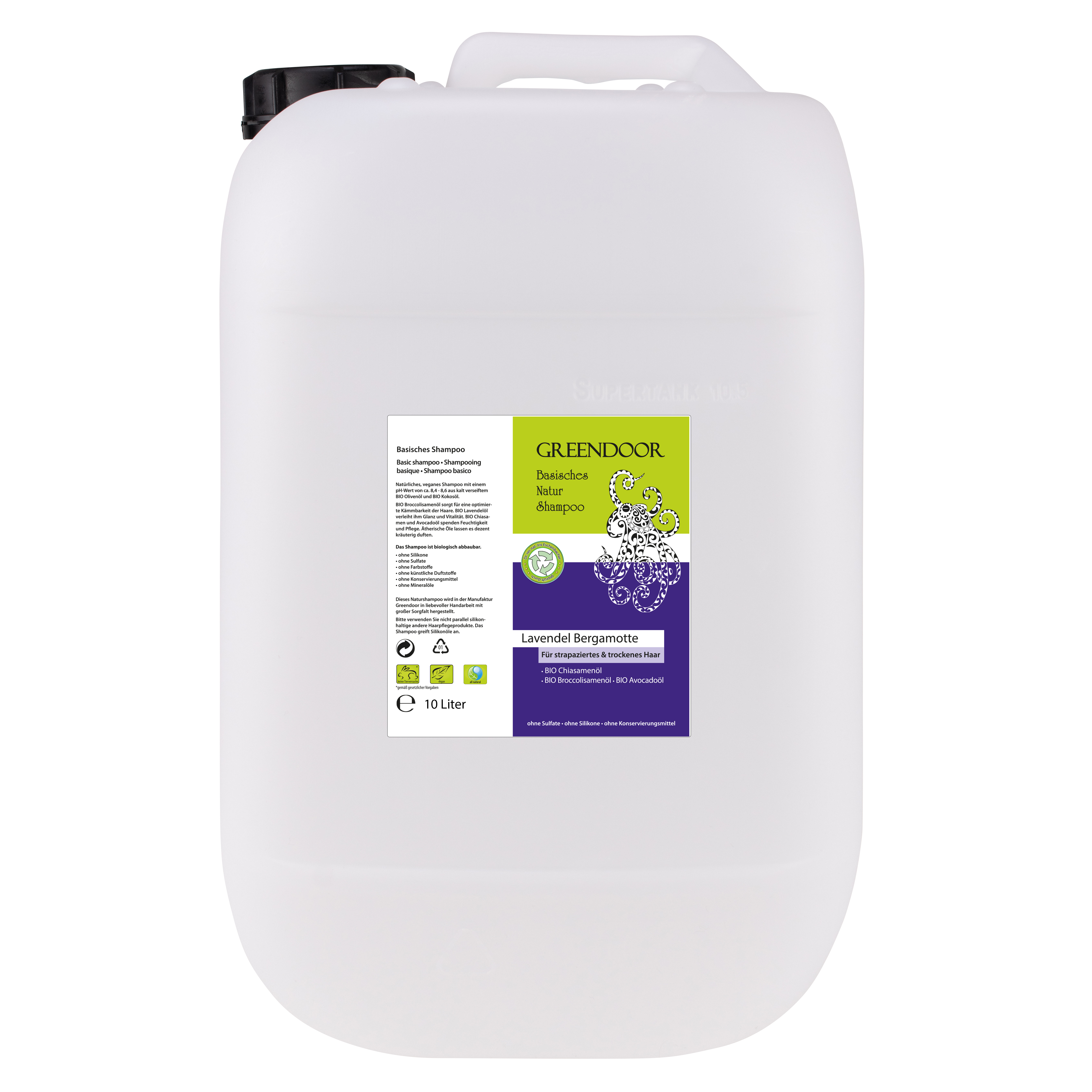 Kanister-10l-Shampoo-Lavendel-Bergamotte Basisches Natur Shampoo Lavendel Bergamotte 10L vegan mit Bio Ölen, natürlich, outdoor geeignet