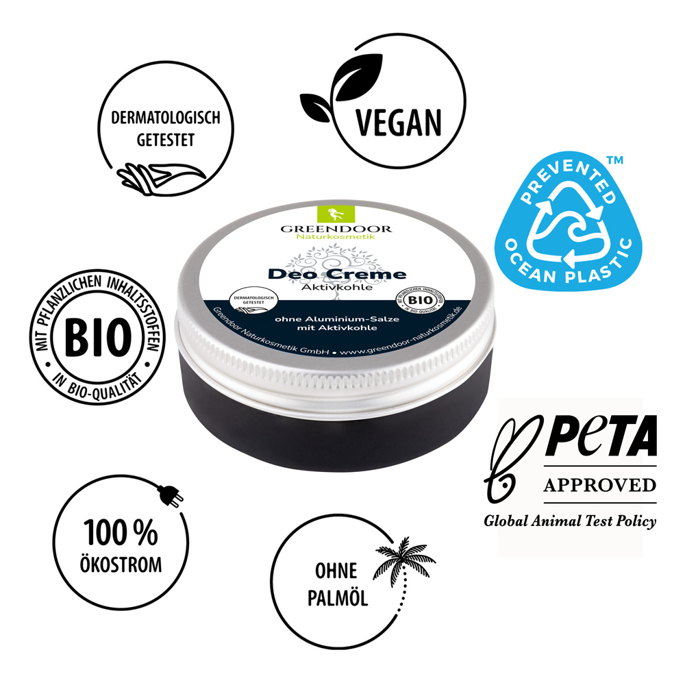 Deo Creme mit Aktivkohle - Black Power, Charcoal Powder, ohne Zink 4x50ml, vegan Greendoor Deo Creme Aktivkohle mit Siegeln