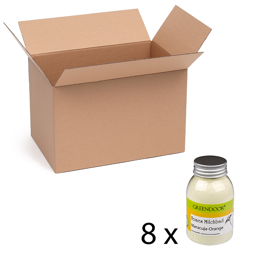 Karton-8x-Milchbad-Maracuja-Orange Milchbad Maracuja Orange 8x200g, mit Milch, Molke und Atlantik Meersalz, natürliche Hautpflege